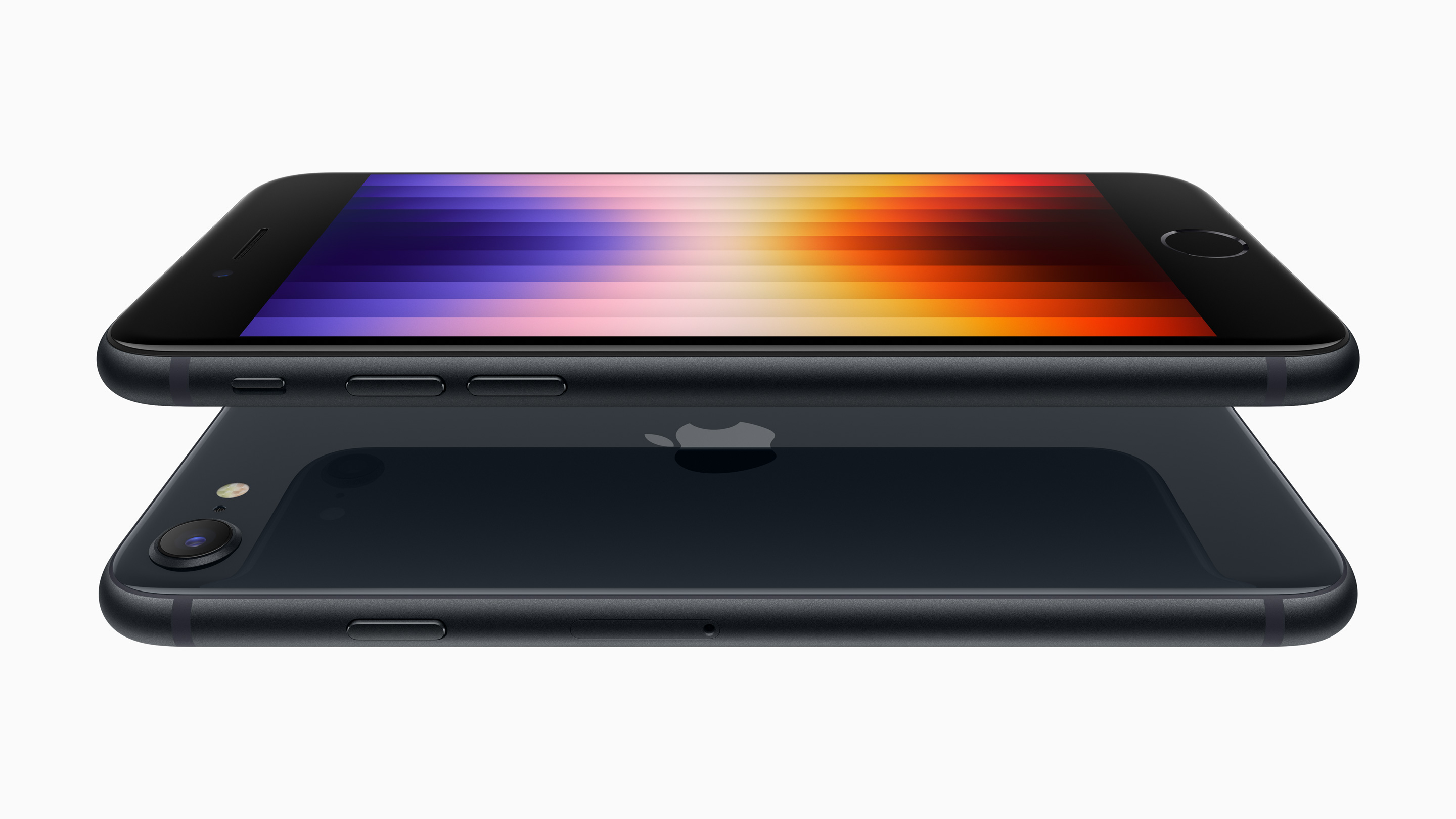 Two black smartphones stacked, one showing a colorful screen, the other displaying the Apple logo on the back.