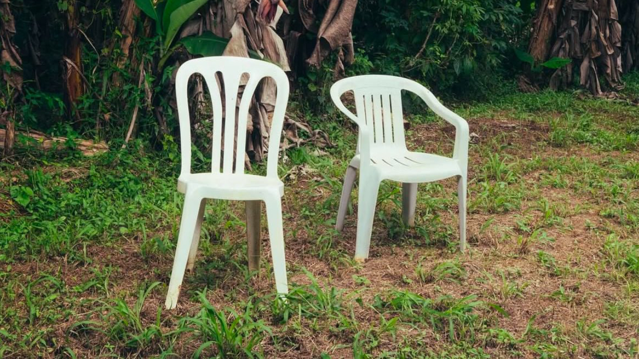 Two white plastic chairs on a grassy patch, surrounded by lush green foliage.