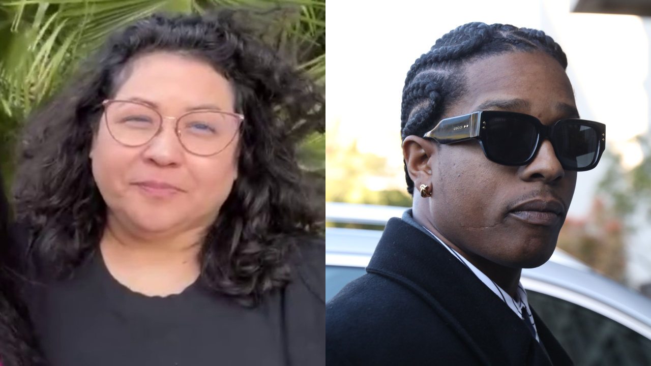 Split image. Left: A juror for the ASAP Rocky trial wearing glasses and curly hair. Right: ASAP Rocky, wearing sunglasses and a black coat.