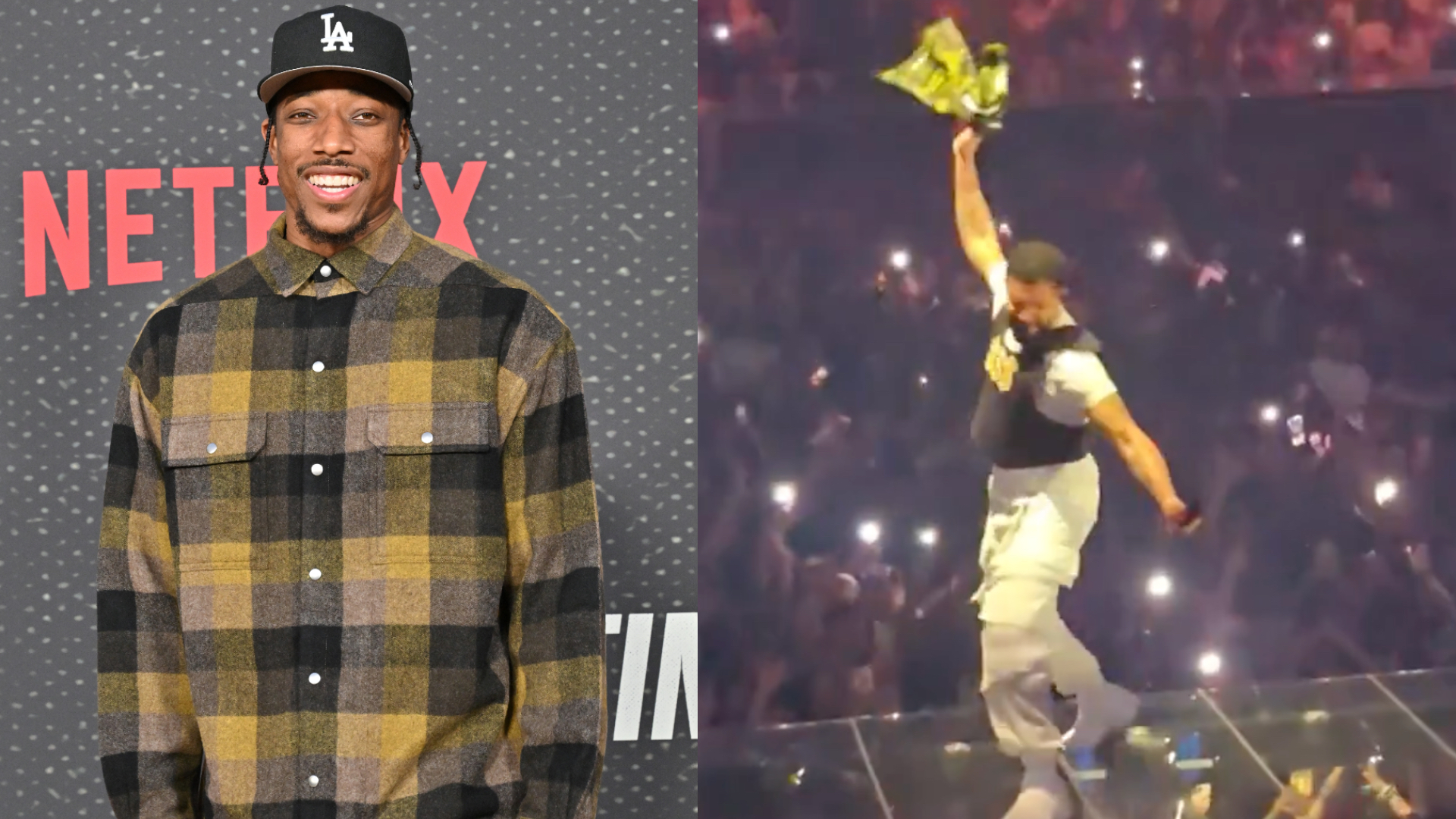Drake in a plaid shirt and cap at a Netflix event; performing on stage with a crowd and lights in the background.
