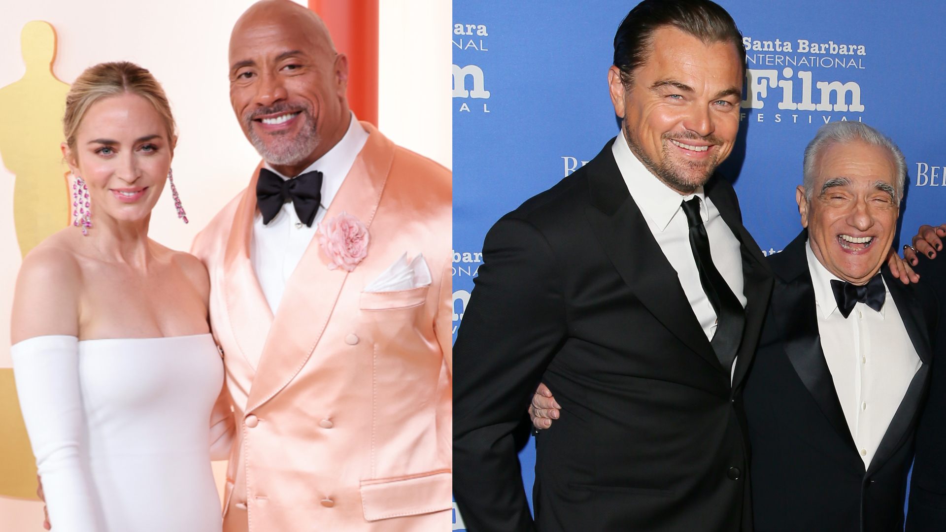 Emily Blunt with Dwayne Johnson in a peach suit; Leonardo DiCaprio and Martin Scorsese smiling in black suits.