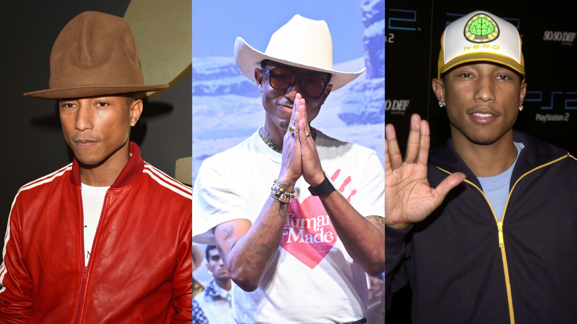 Three images of Pharrell Williams, wearing different hats and outfits, including a red jacket, white t-shirt, and black jacket.