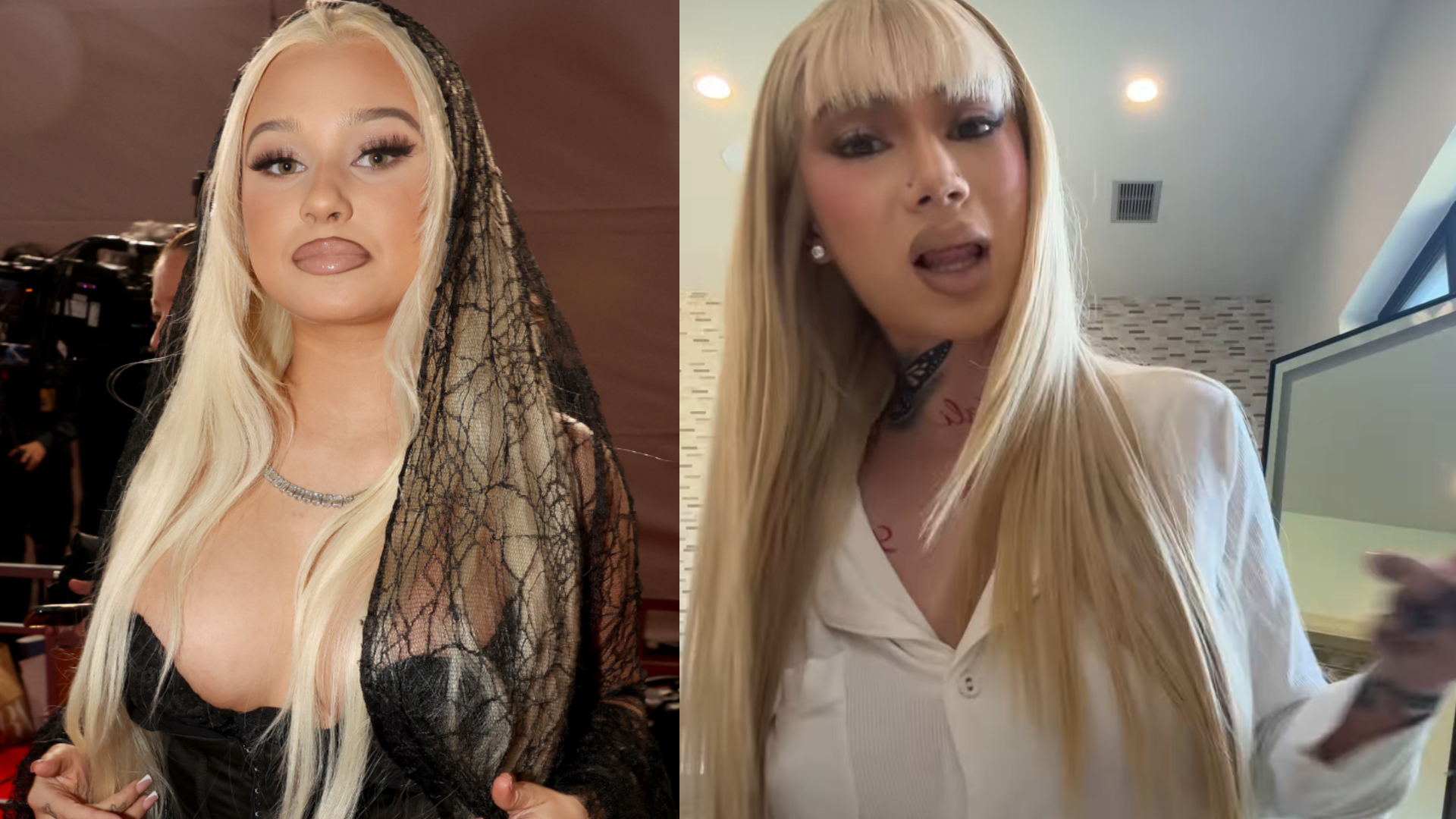Two women with long blonde hair; the one on the left wears a black lace outfit, and the one on the right is in a white shirt indoors.
