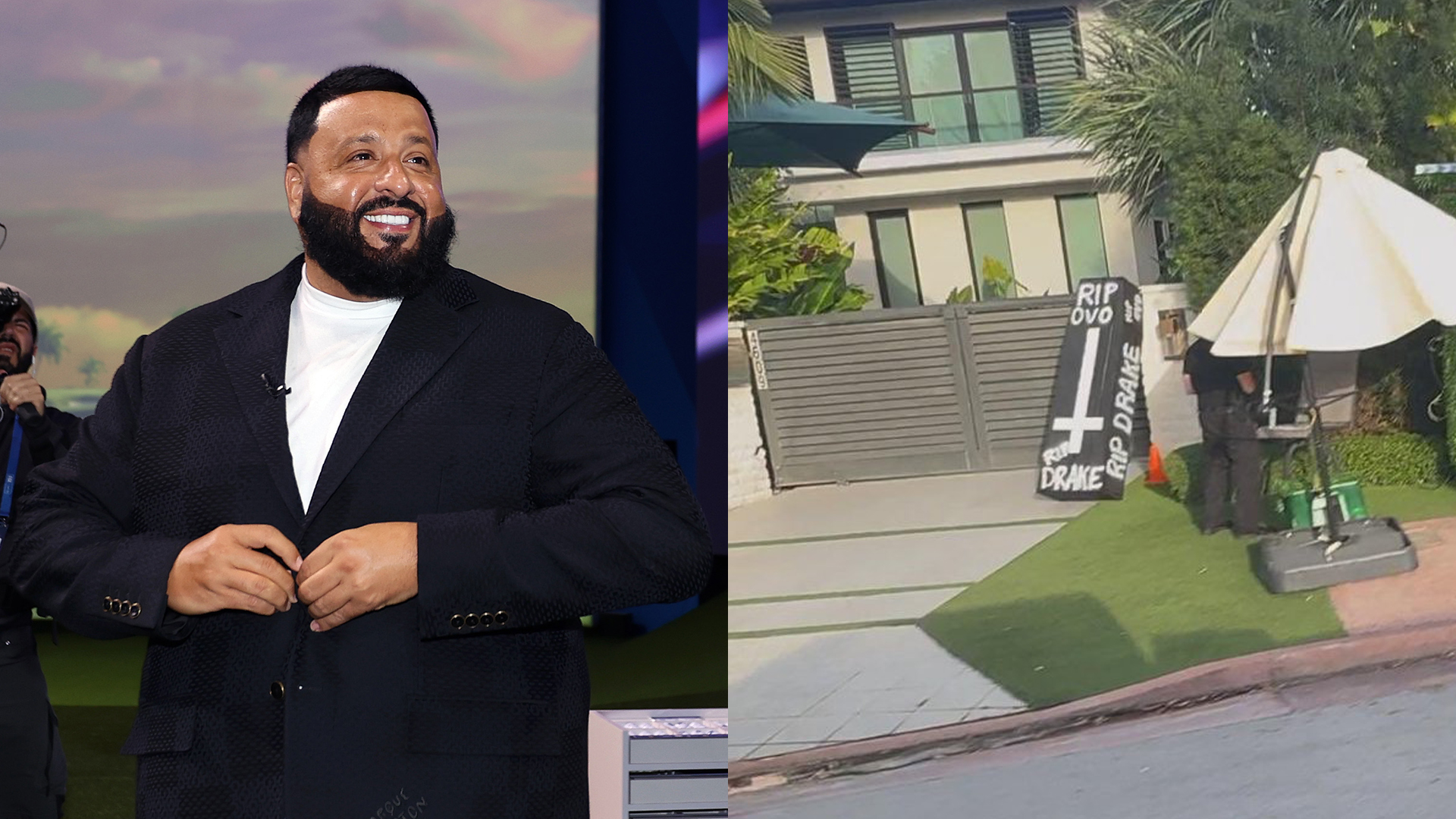 DJ Khaled at the SoFi Center alongside a photo showing a casket outside his Florida home that reads, 'RIP Drake' and 'RIP OVO.'