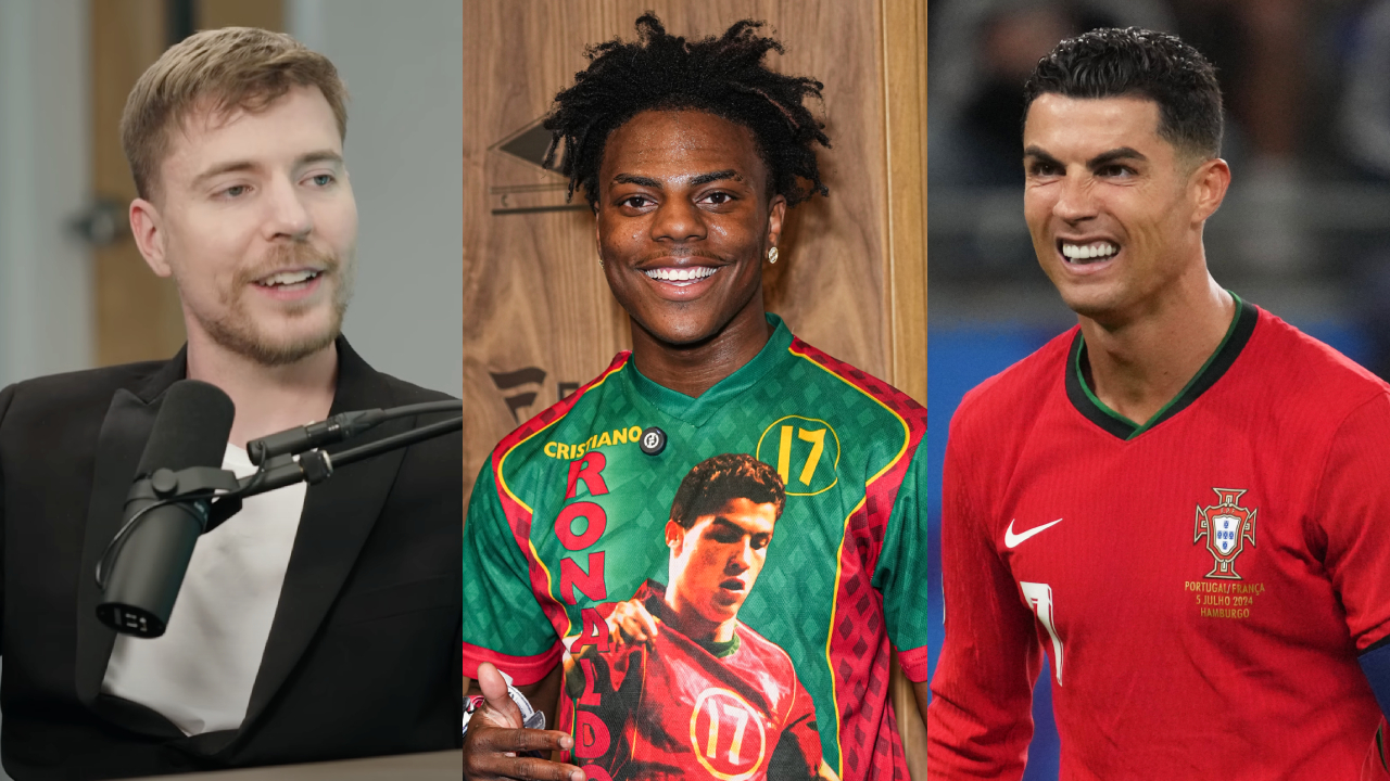 Split images. Left: MrBeast speaking into a microphone. Center: IShowSpeed wearing a Ronaldo-themed shirt. Right: Cristiano Ronaldo in a Portugal soccer jersey.