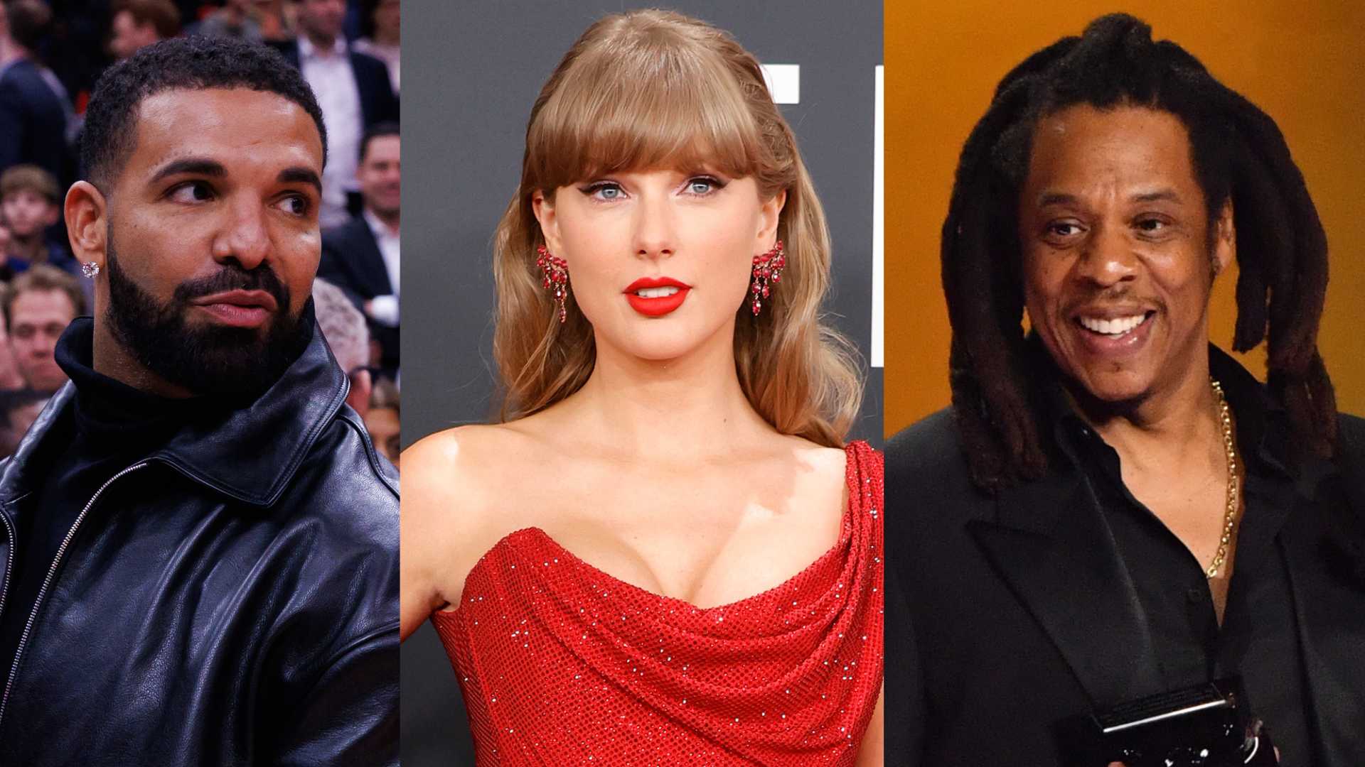 Drake in a black leather jacket at an event; Taylor Swift in a red dress at a premiere.