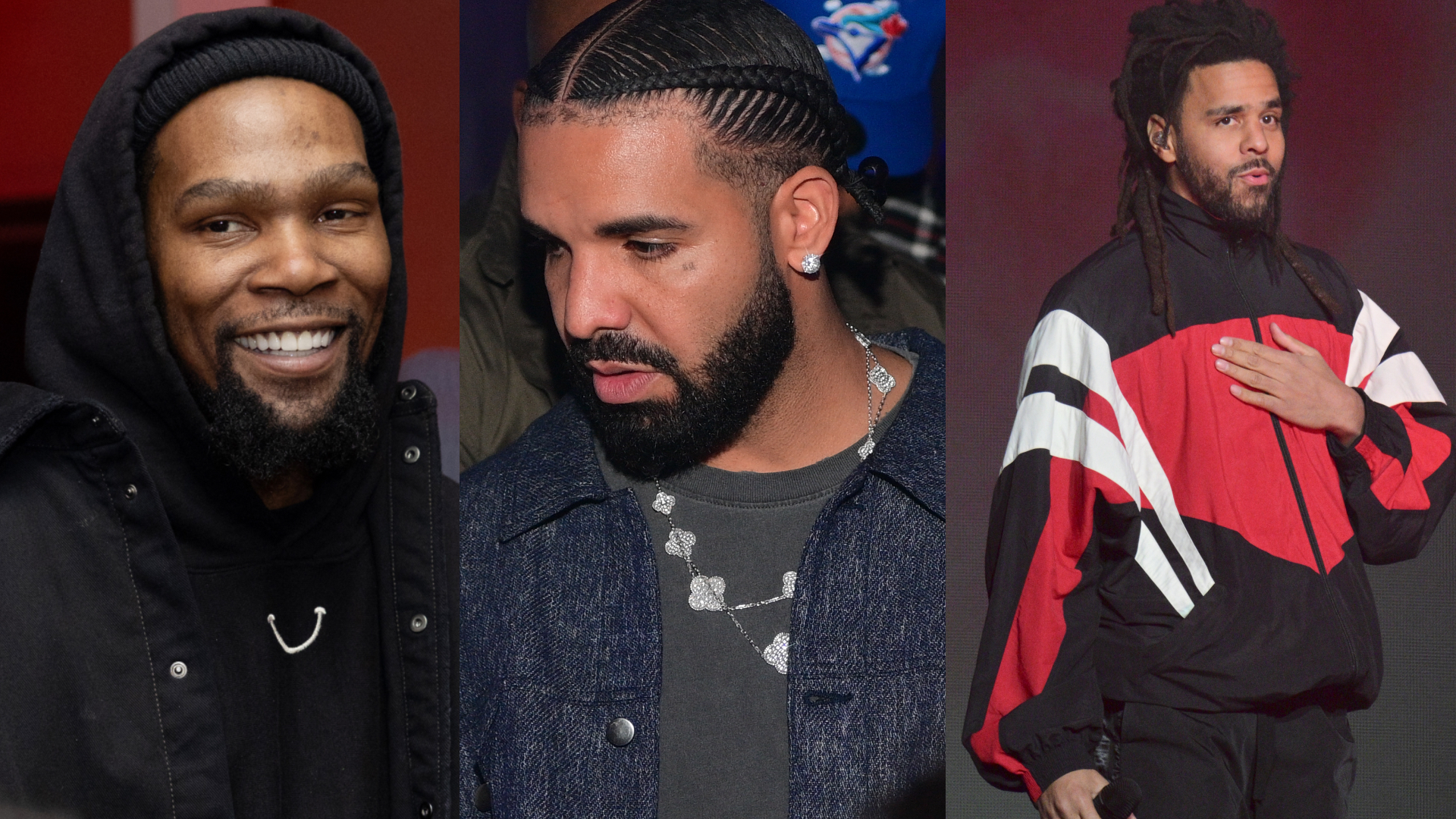 Kevin Durant smiling in a hoodie, Drake with braided hair and a denim jacket, and J. Cole performing in a red and black jacket.
