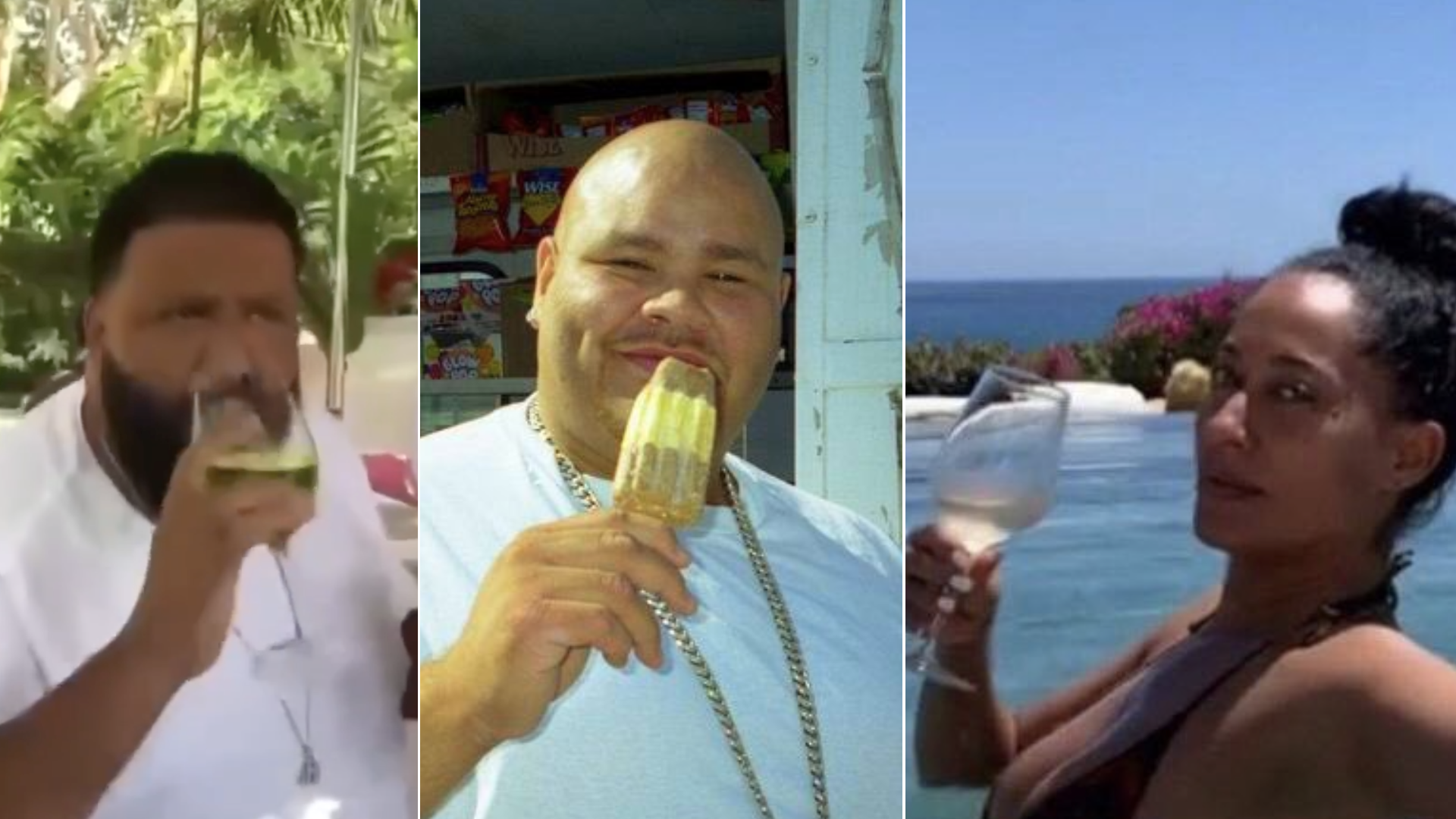 DJ Khaled with a drink, Fat Joe holding a popsicle, and Tracee Ellis Ross in a pool with a glass, each enjoying a relaxed moment.