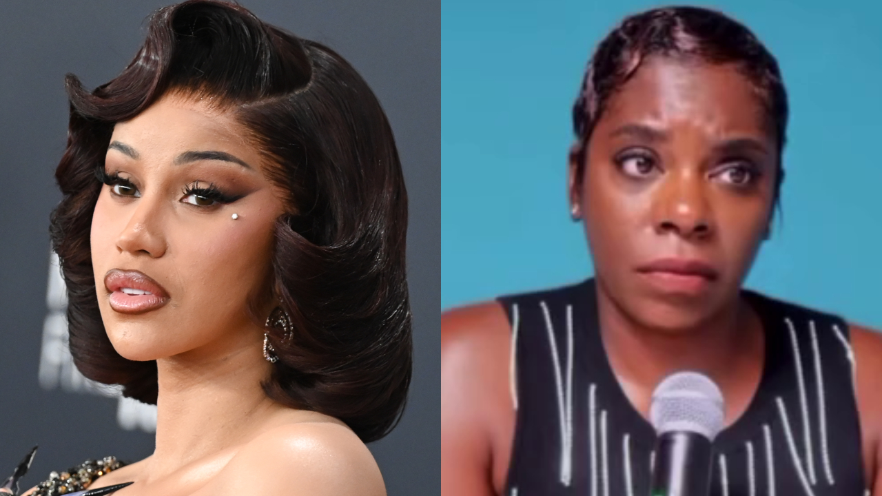 Cardi B with styled hair and makeup on the left; blogger Tasha K with short hair holding a microphone on the right against a blue background.