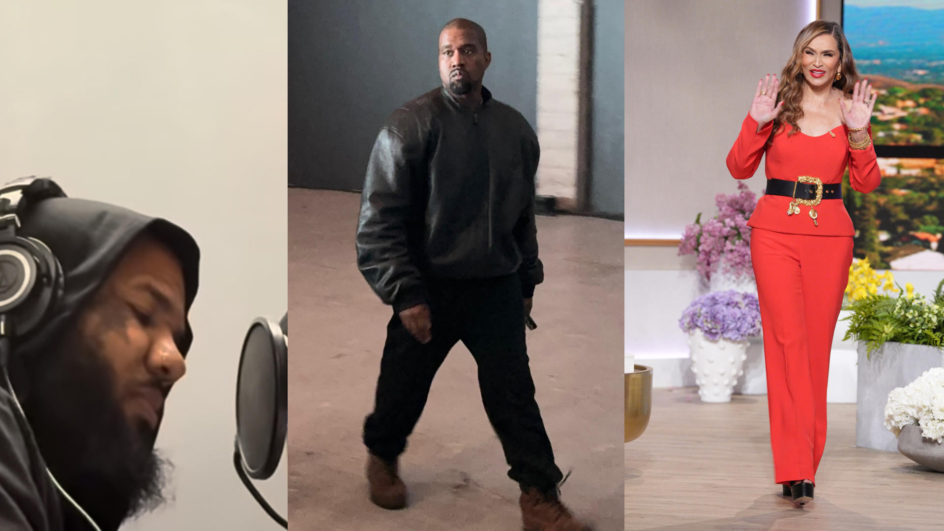 Three images: The Game recording in a studio, Kanye West walking in a black outfit, and a woman in a red suit on a talk show set.