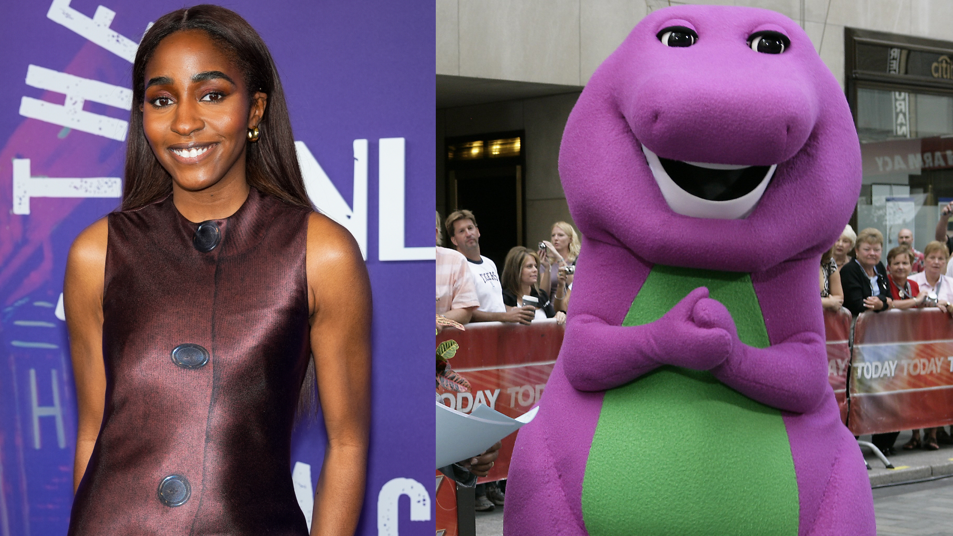 Jessie J in a sleeveless dress smiles at an event; Barney the Dinosaur stands outside with a crowd in the background.