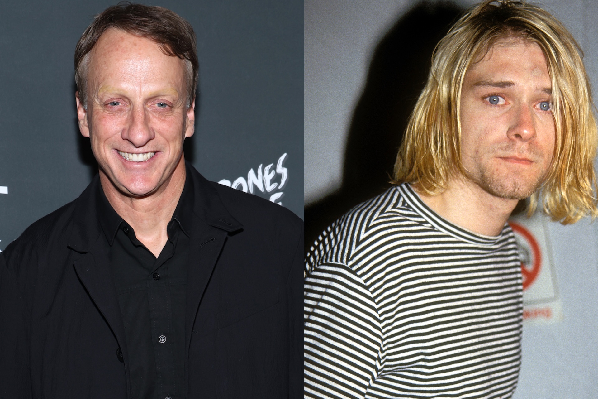 Tony Hawk smiling in a black suit and Kurt Cobain with long blond hair in a striped shirt.