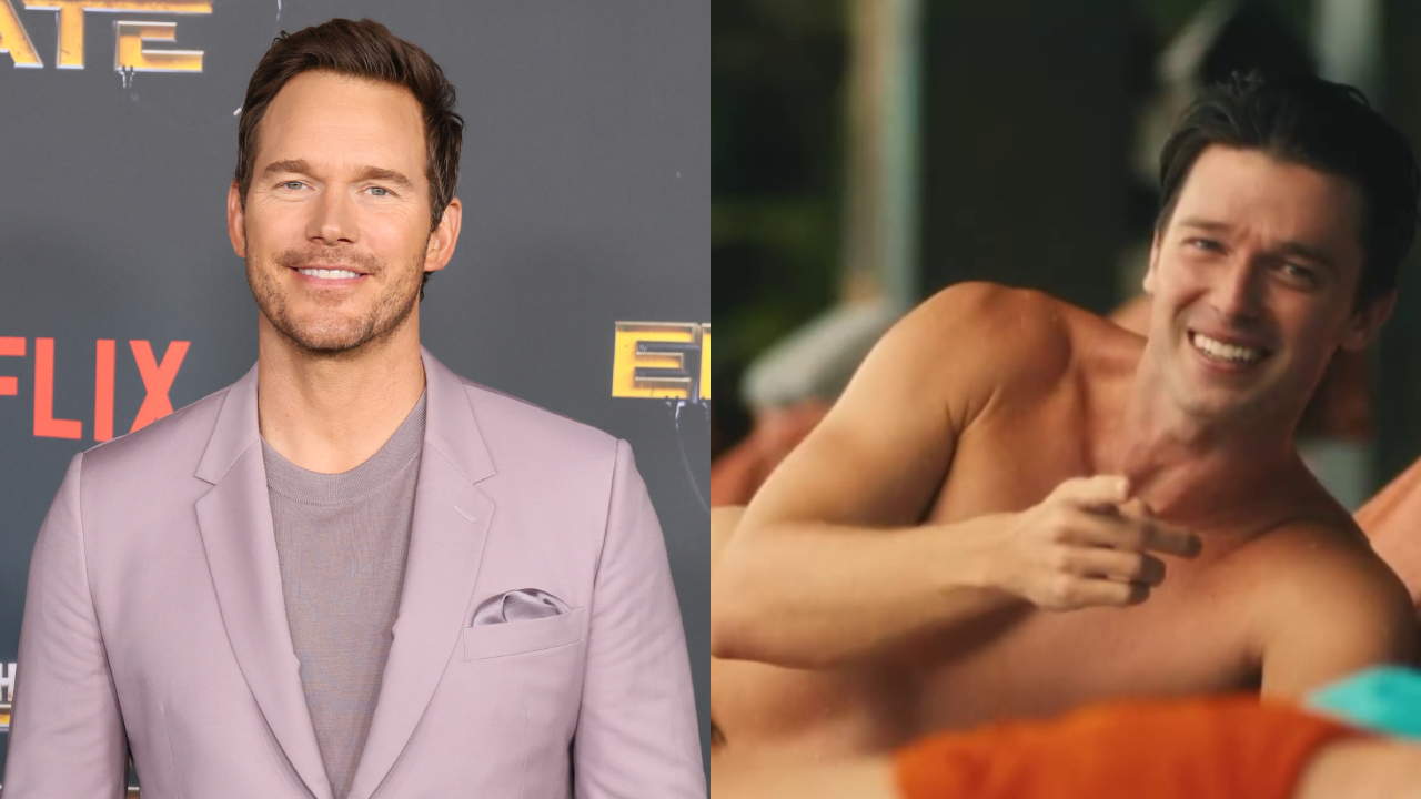 Chris Pratt in a light purple suit on the red carpet; Patrick Schwarzenegger shirtless and smiling in a scene from "The White Lotus."