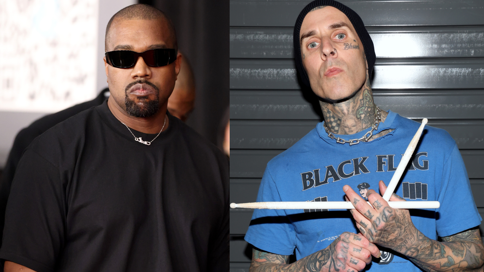 Kanye West in sunglasses wearing a black shirt, and Travis Barker with tattoos in a blue shirt holding drumsticks.