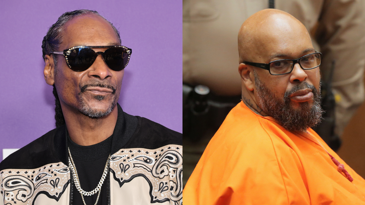Snoop Dogg in sunglasses with a patterned jacket, next to Suge Knight in an orange prison jumpsuit.