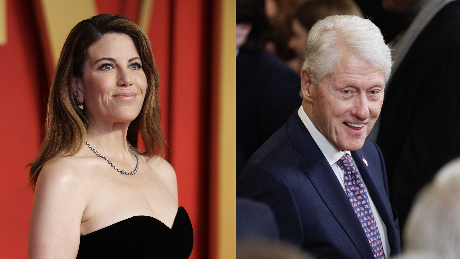 Monica Lewinsky attends the 2024 Vanity Fair Oscar Party Hosted By Radhika Jones at Wallis Annenberg Center for the Performing Arts on March 10, 2024 in Beverly Hills, California/U.S. President Bill Clinton exits the East Room of the White House following a Medal of Freedom ceremony on January 4, 2025 in Washington, DC.