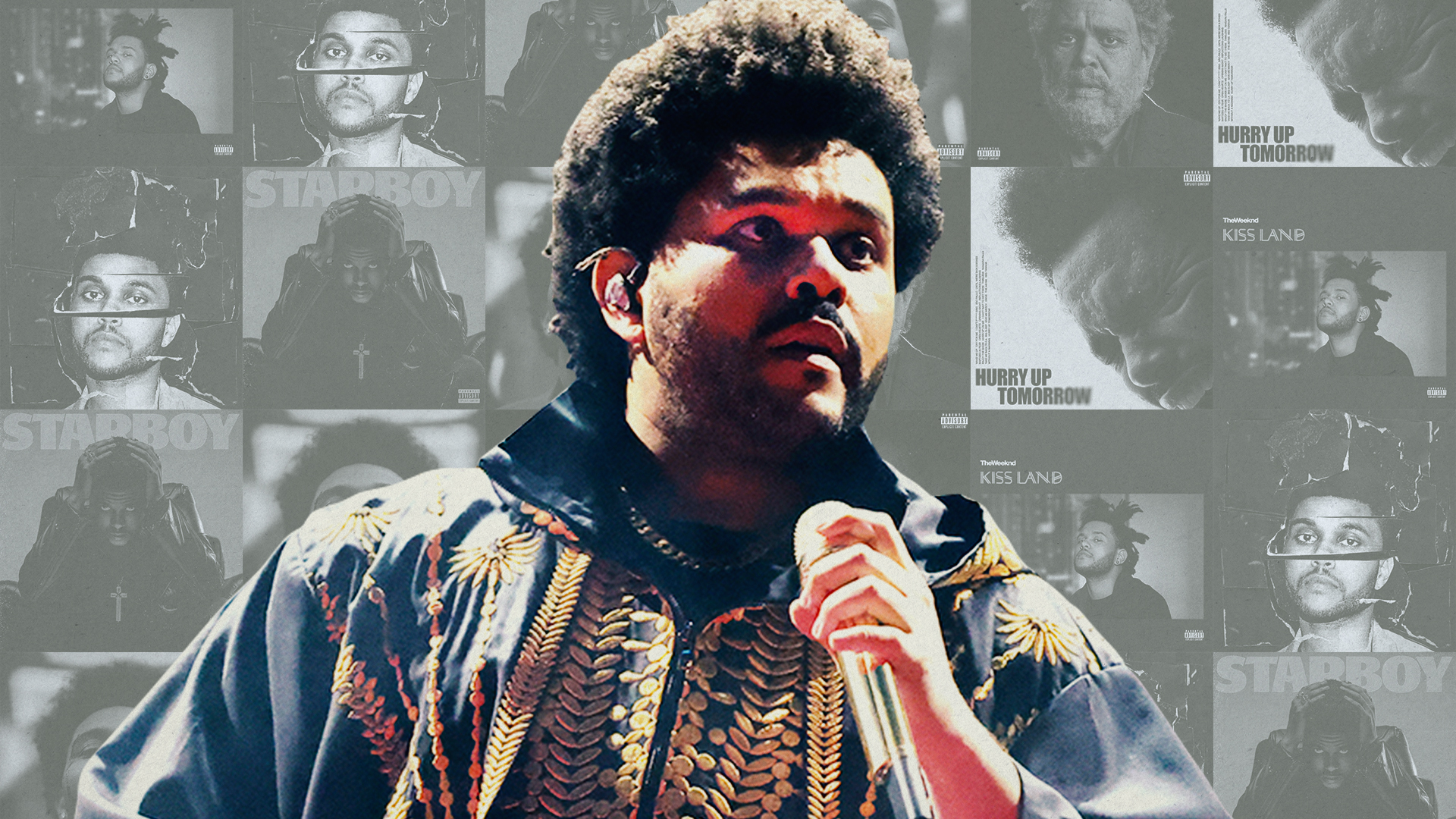 The Weeknd performing, wearing an ornate jacket, with a collage of his album covers in the background.