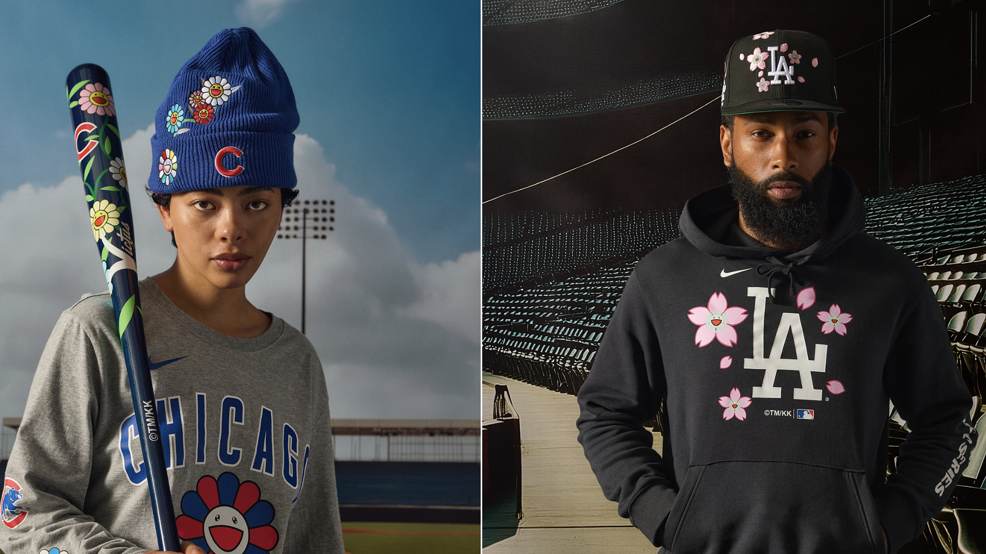 Two individuals model baseball-themed clothing. The left wears Chicago Cubs gear with floral designs; the right wears LA Dodgers apparel with similar motifs.