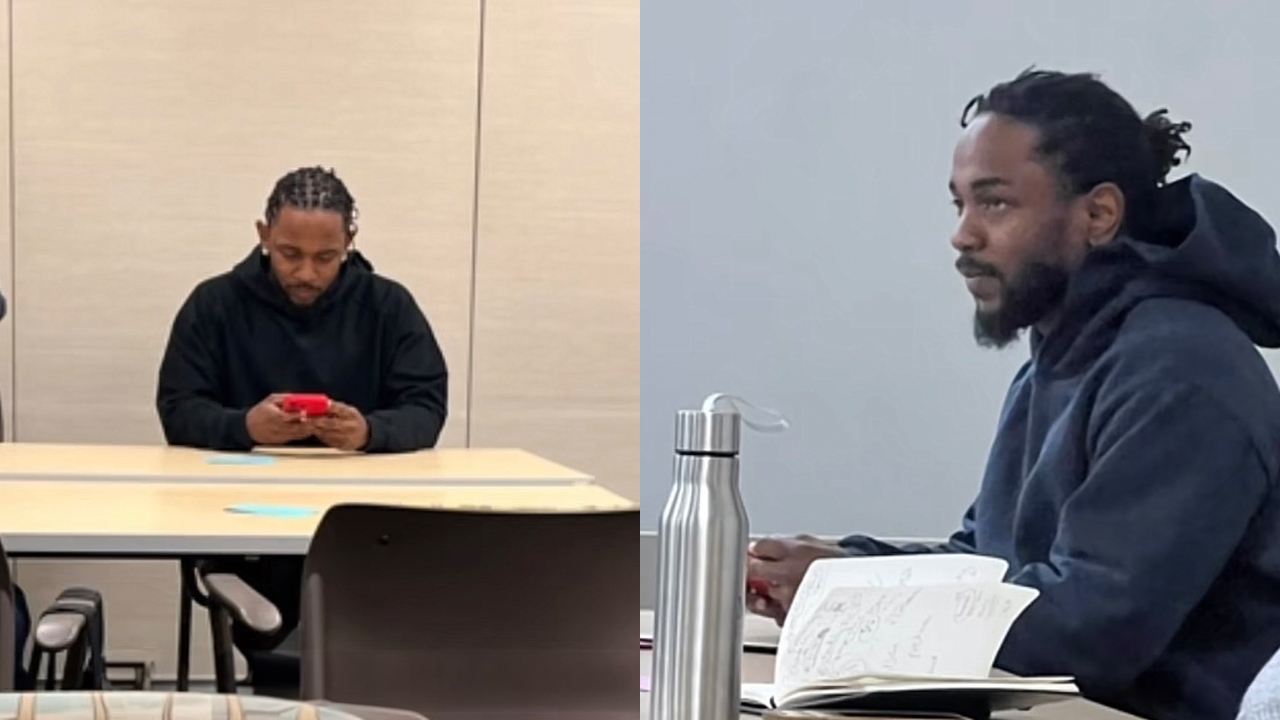 Two photos showing Kendrick Lamar taking classes at UCLA in 2022.