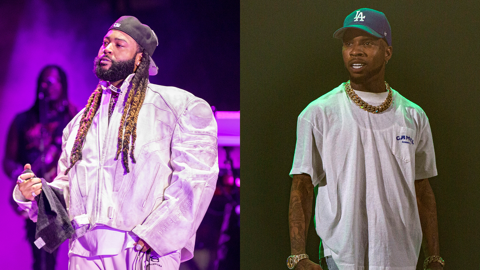 A split image showing rappers PartyNextDoor and Tory Lanez performing onstage.