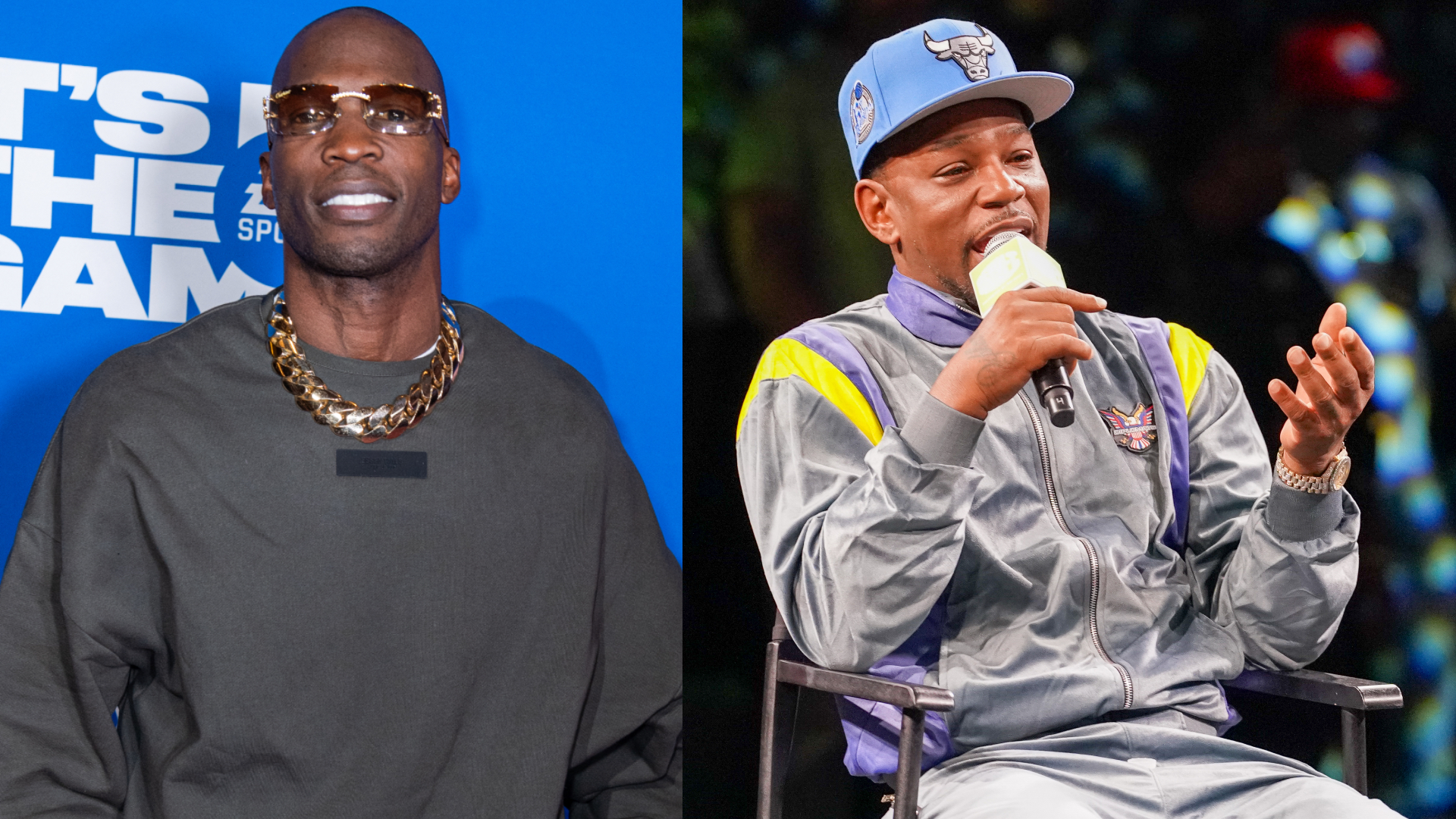 Ocho in a gold chain and sunglasses on the left; Cam in a tracksuit and cap speaking into a microphone on the right.