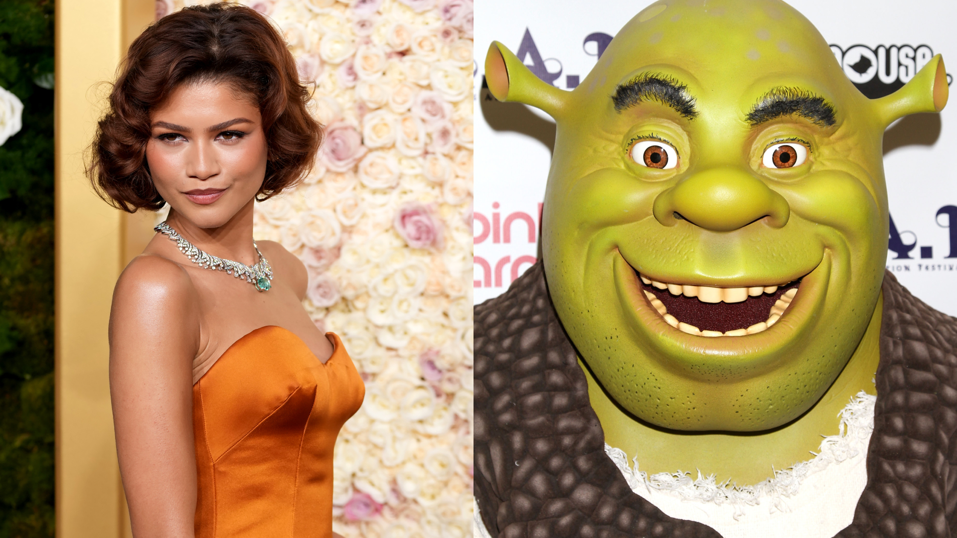 Zendaya in an orange dress on the left, and Shrek, the animated green ogre, smiling on the right.
