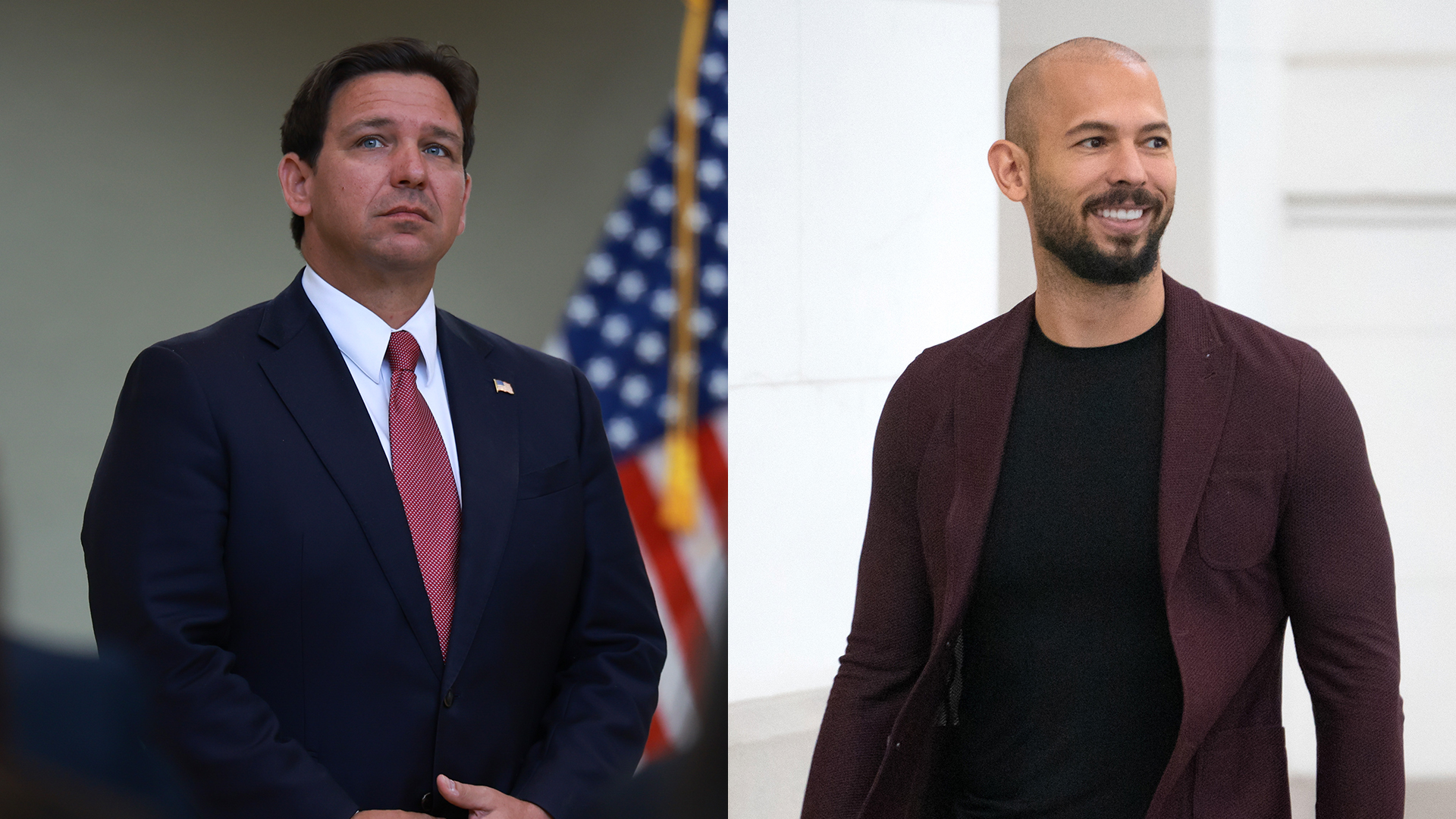 Florida governor Ron DeSantis in a split image with misogynist influencer Andrew Tate.