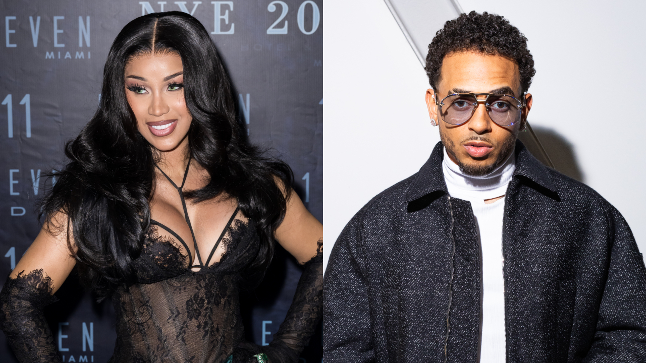 Cardi B in a black lace outfit with long hair, smiling at an event. Ozuna wearing sunglasses and a dark jacket, posing for a photo.
