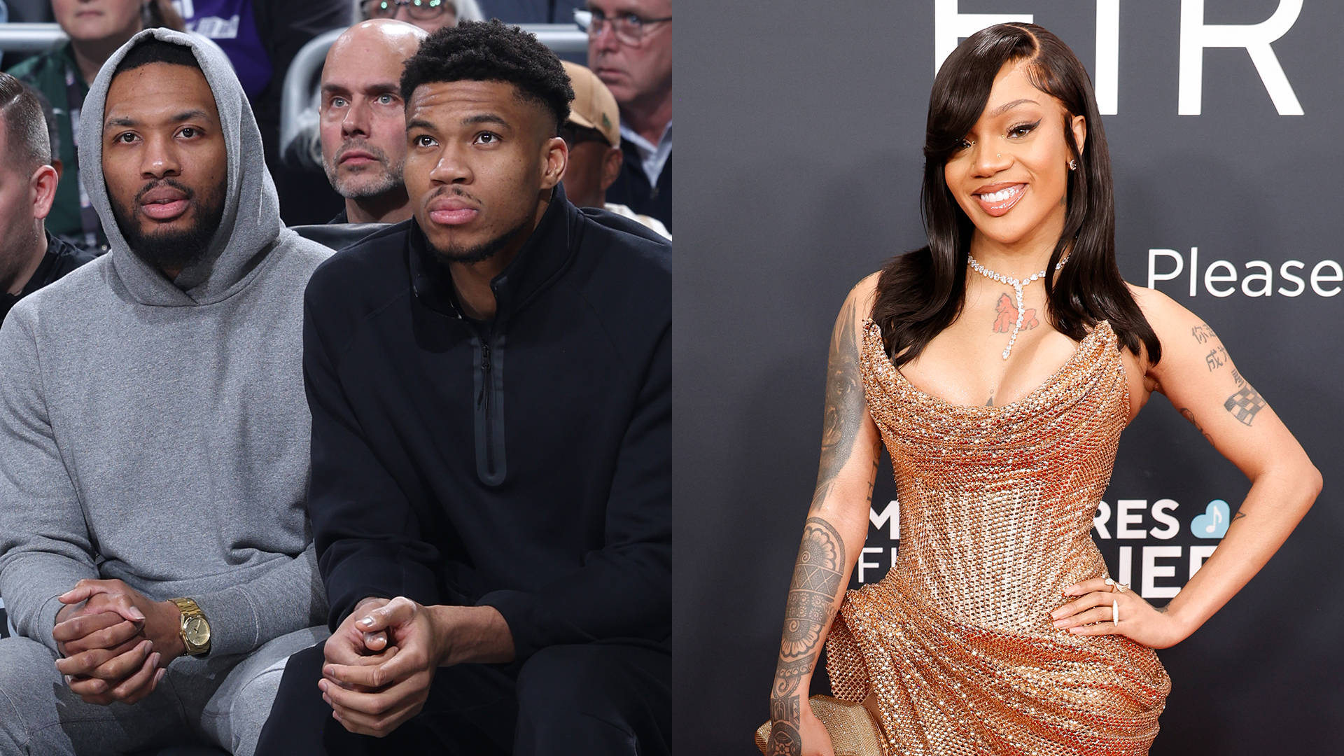 A split image showing Damian Lillard, Giannis Antetokounmpo, and GloRilla.