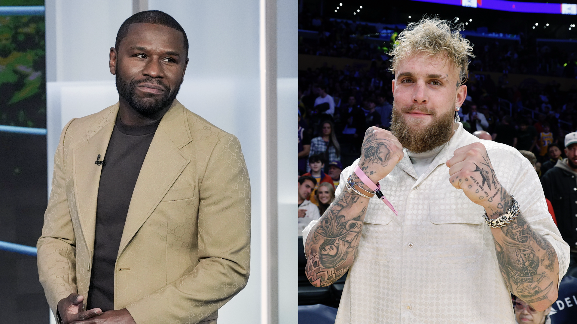Floyd Mayweather Jr. visits "Making Money With Charles Payne" at Fox Business Network Studios on February 26, 2025 in New York City/Jake Paul is seen at Crypto.com Arena on January 17, 2025 in Los Angeles, California.
