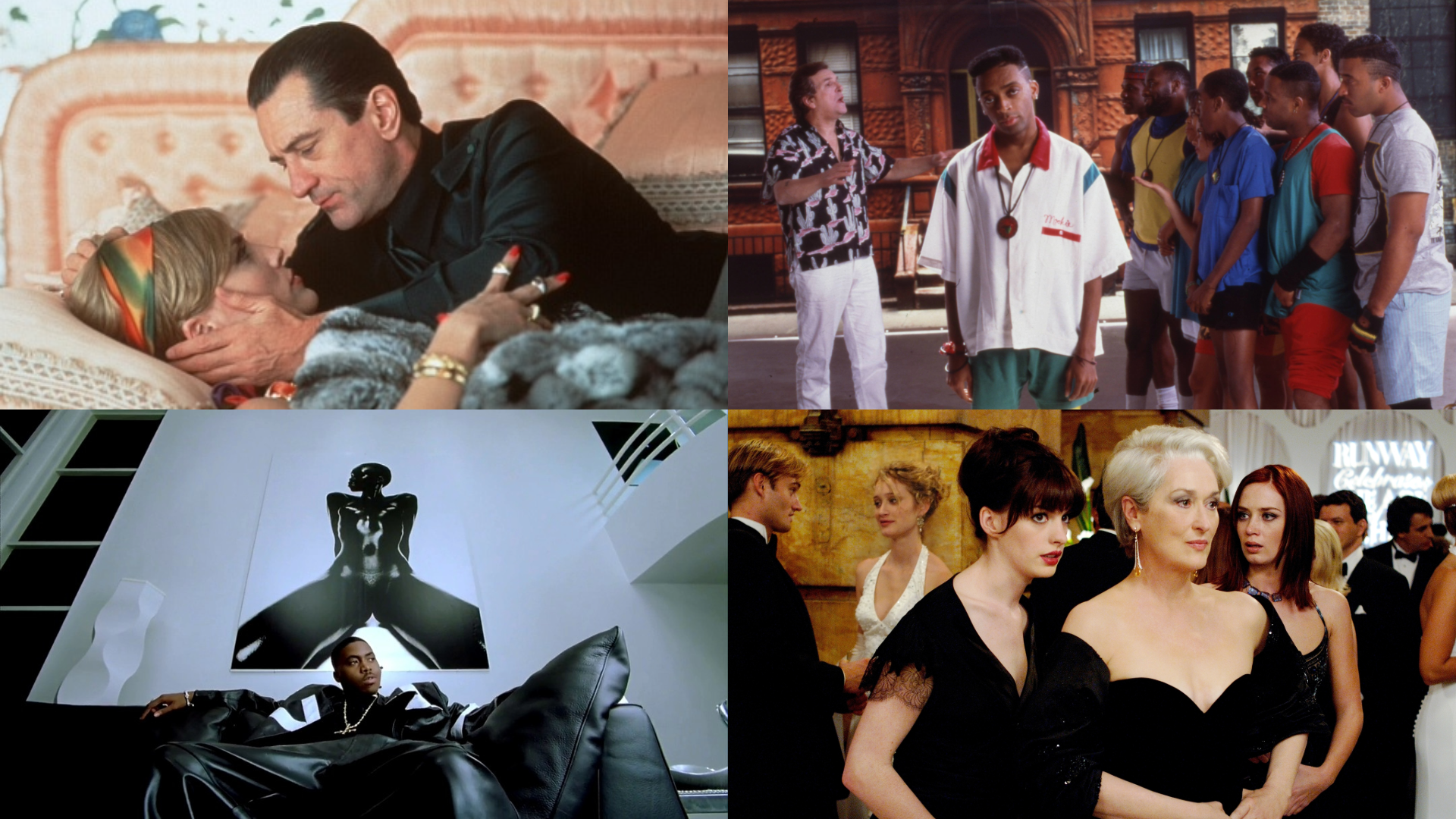A collage of movie scenes: Robert De Niro and Sharon Stone in "Casino," a scene from "Do the Right Thing," a scene from "Belly," and Meryl Streep, Anne Hathaway, and Emily Blunt in "The Devil Wears Prada."