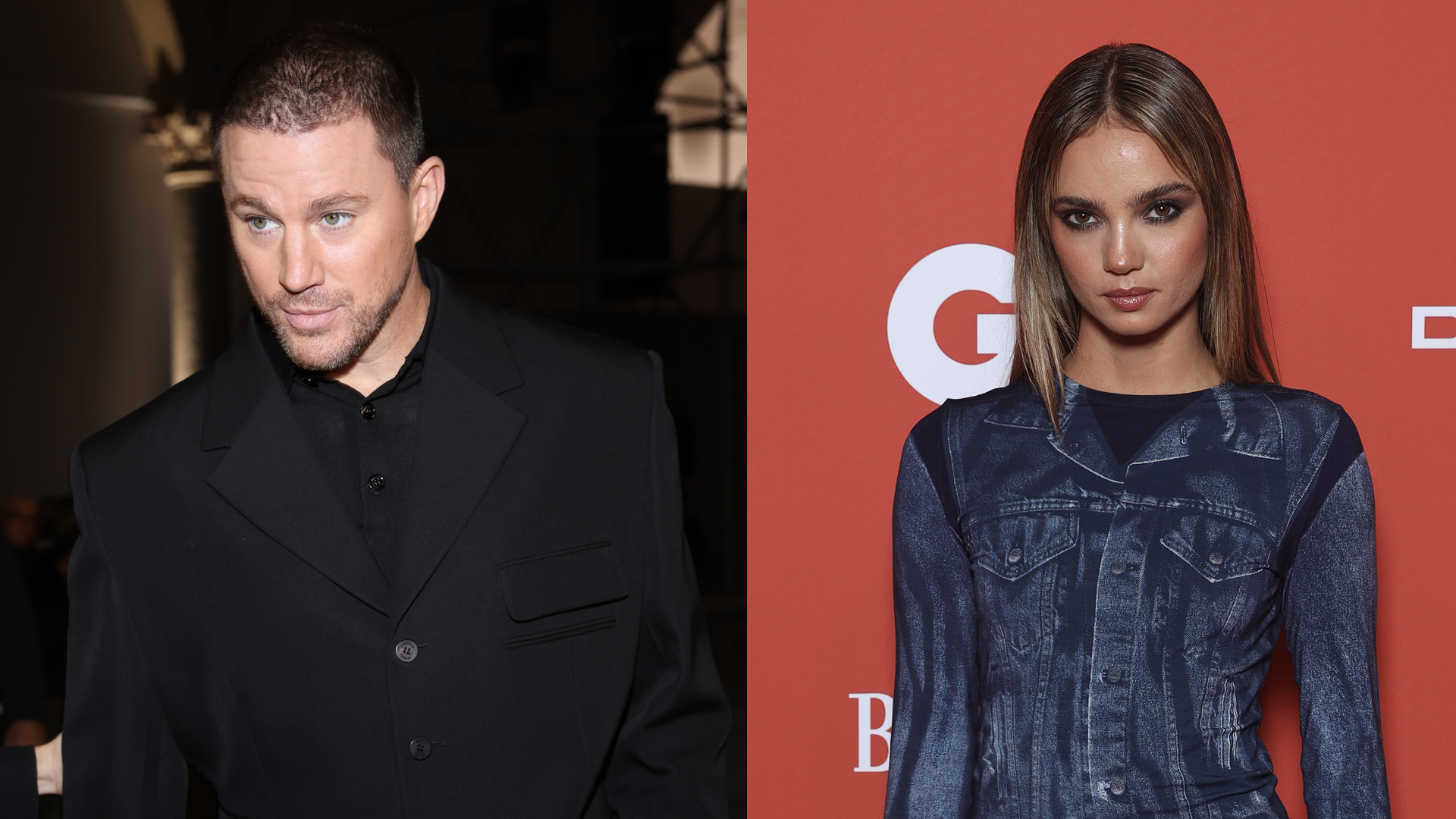 Channing Tatum in a black suit on the left, and Inka Williams in a denim outfit on the right at a red carpet event.