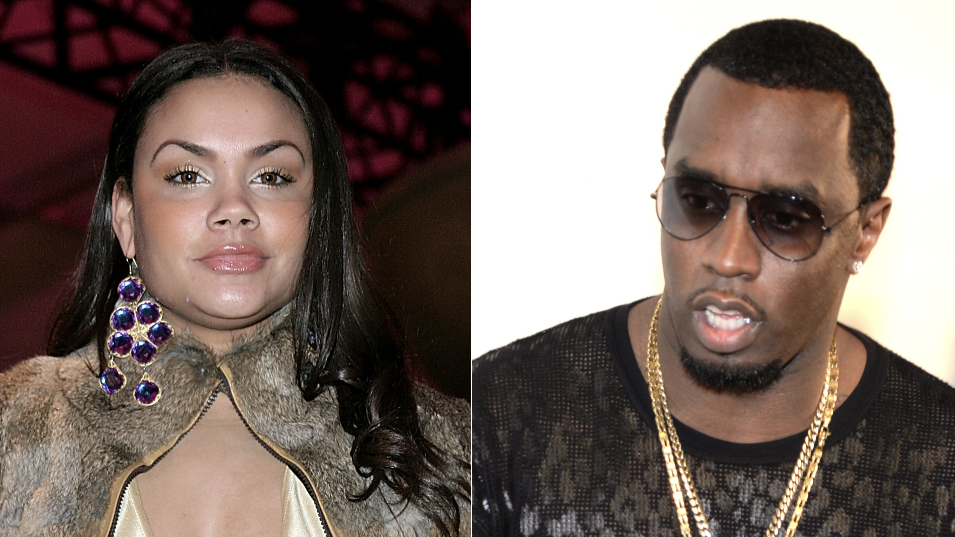 Two people side by side: Sara Rivers with large earrings and a fur coat, and Diddy wearing sunglasses and a gold chain.