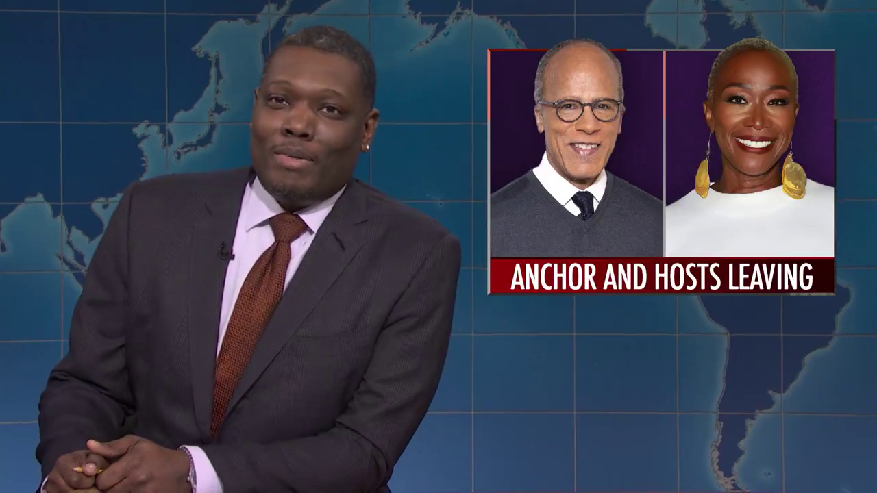 Saturday Night Live's Michael Che in a suit on a news set with images of Lester Holt and Joy Reid labeled "ANCHOR AND HOSTS LEAVING."