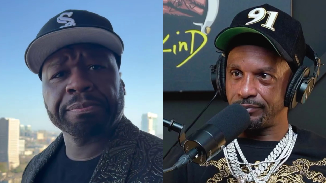 (L) 50 Cent in a black cap with a cityscape background. (R) Comedian Charleston White in a "91" cap speaking into a microphone.