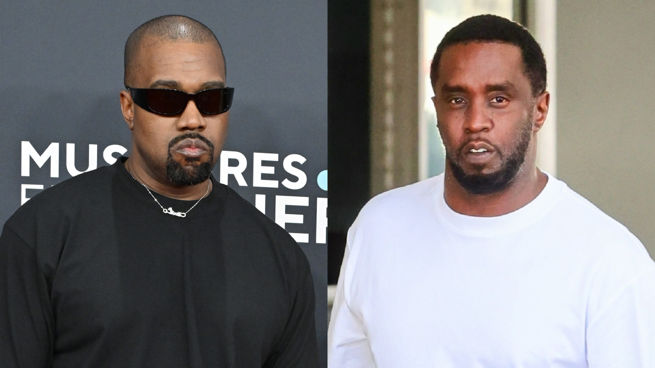 Ye wearing sunglasses and a black shirt, alongside Sean "Diddy" Combs in a white shirt.