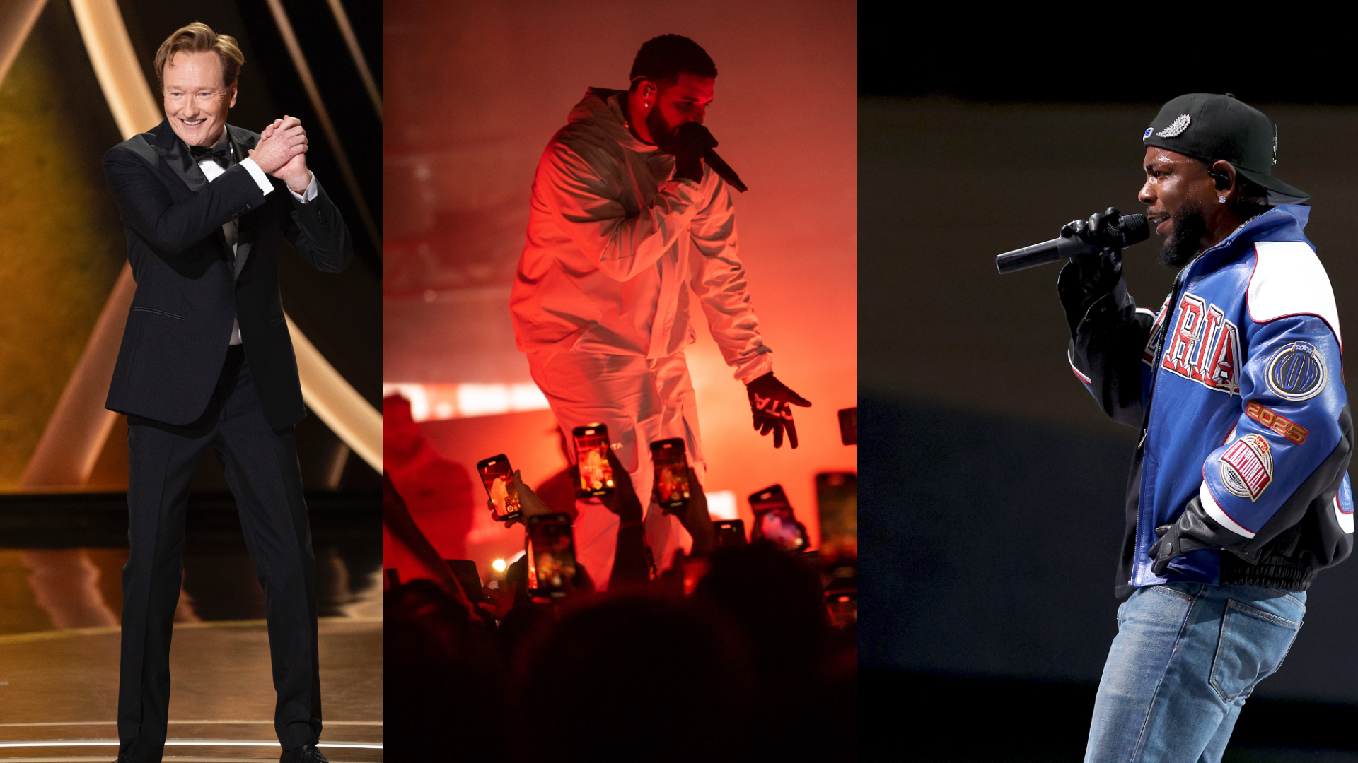 Conan O'Brien clapping on stage, Drake performing in a red-lit setting, and Kendrick Lamar rapping in a blue jacket and cap.