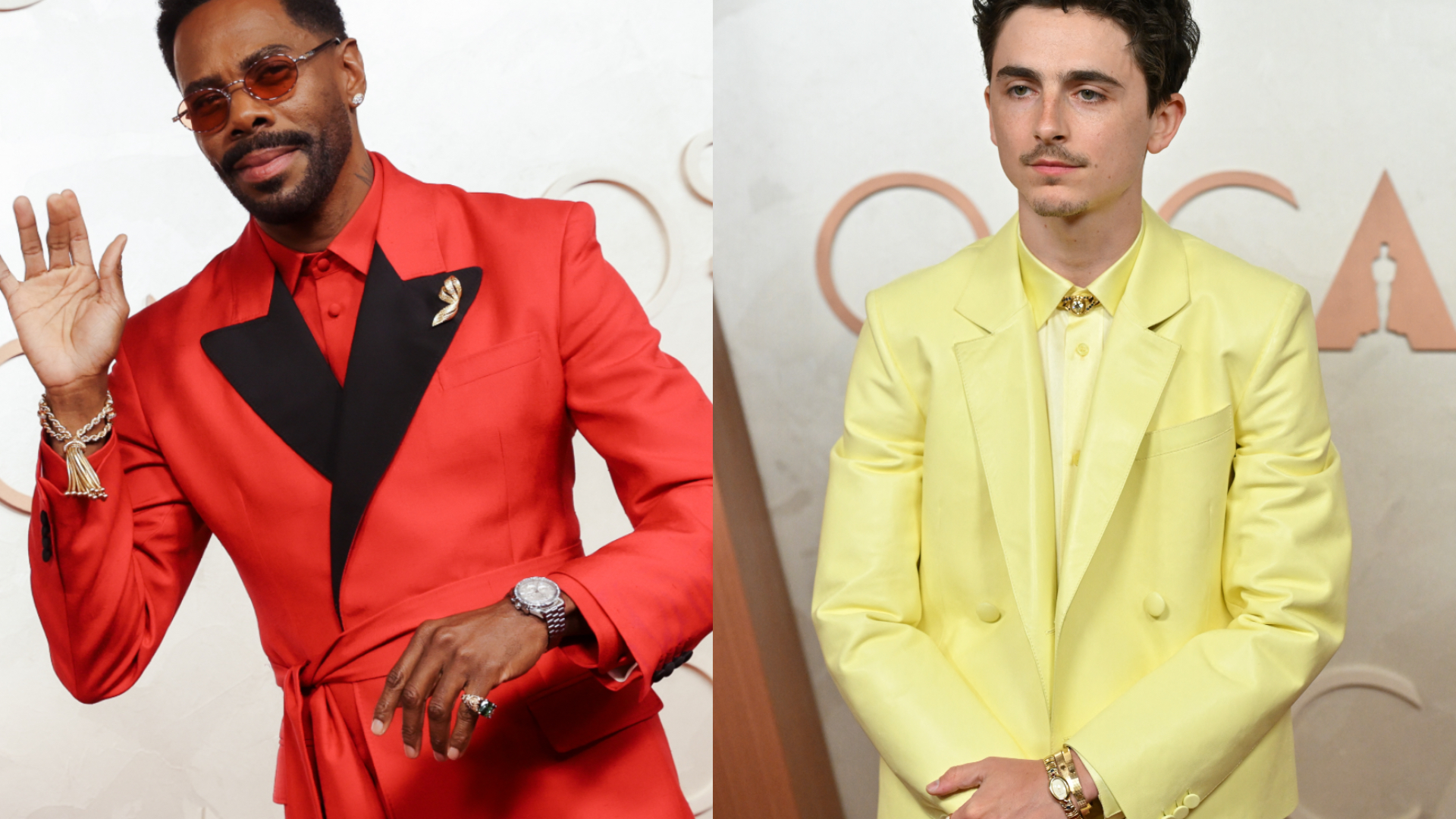 Colman Domingo in a red suit and Timothée Chalamet in a yellow suit, posing at an event.