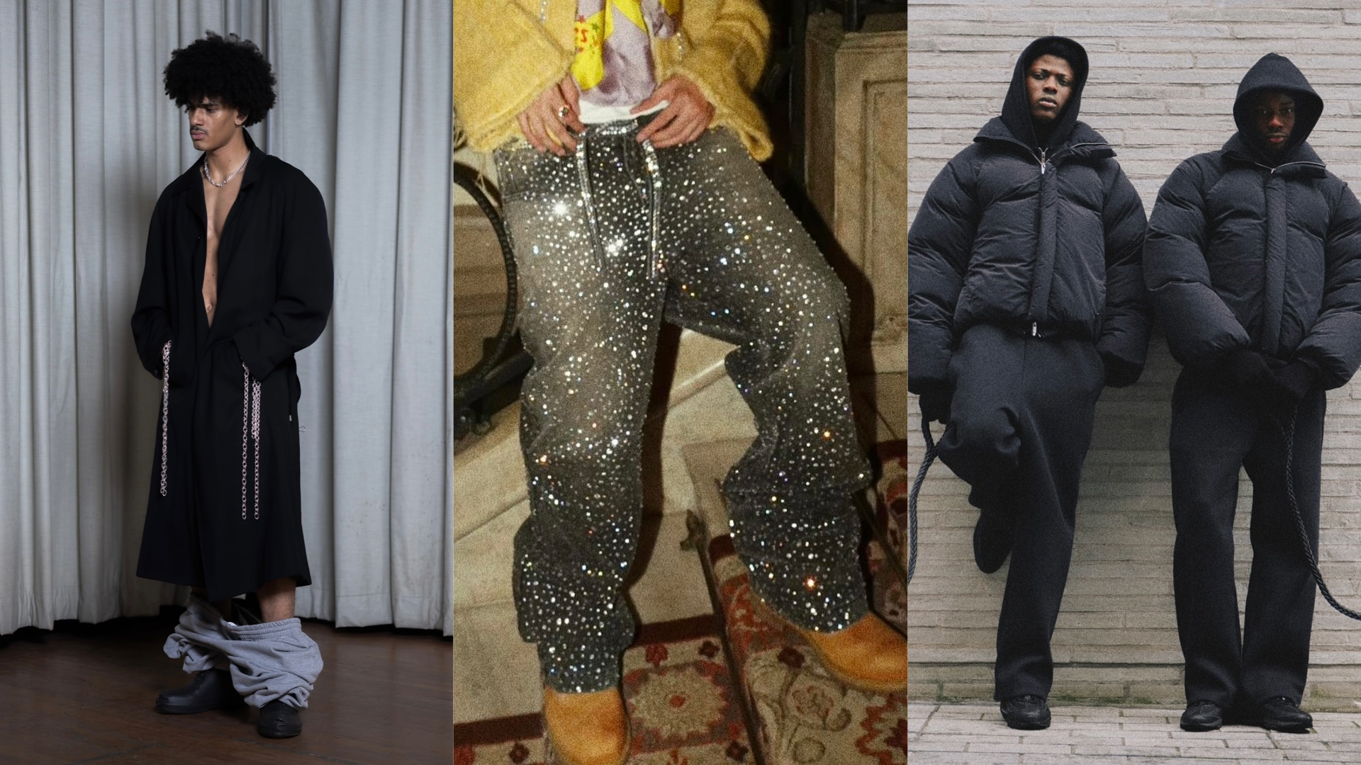 Three fashion-forward individuals: one in a long coat with pants down, another in a puffer vest and jeans, and two in matching puffer jackets.