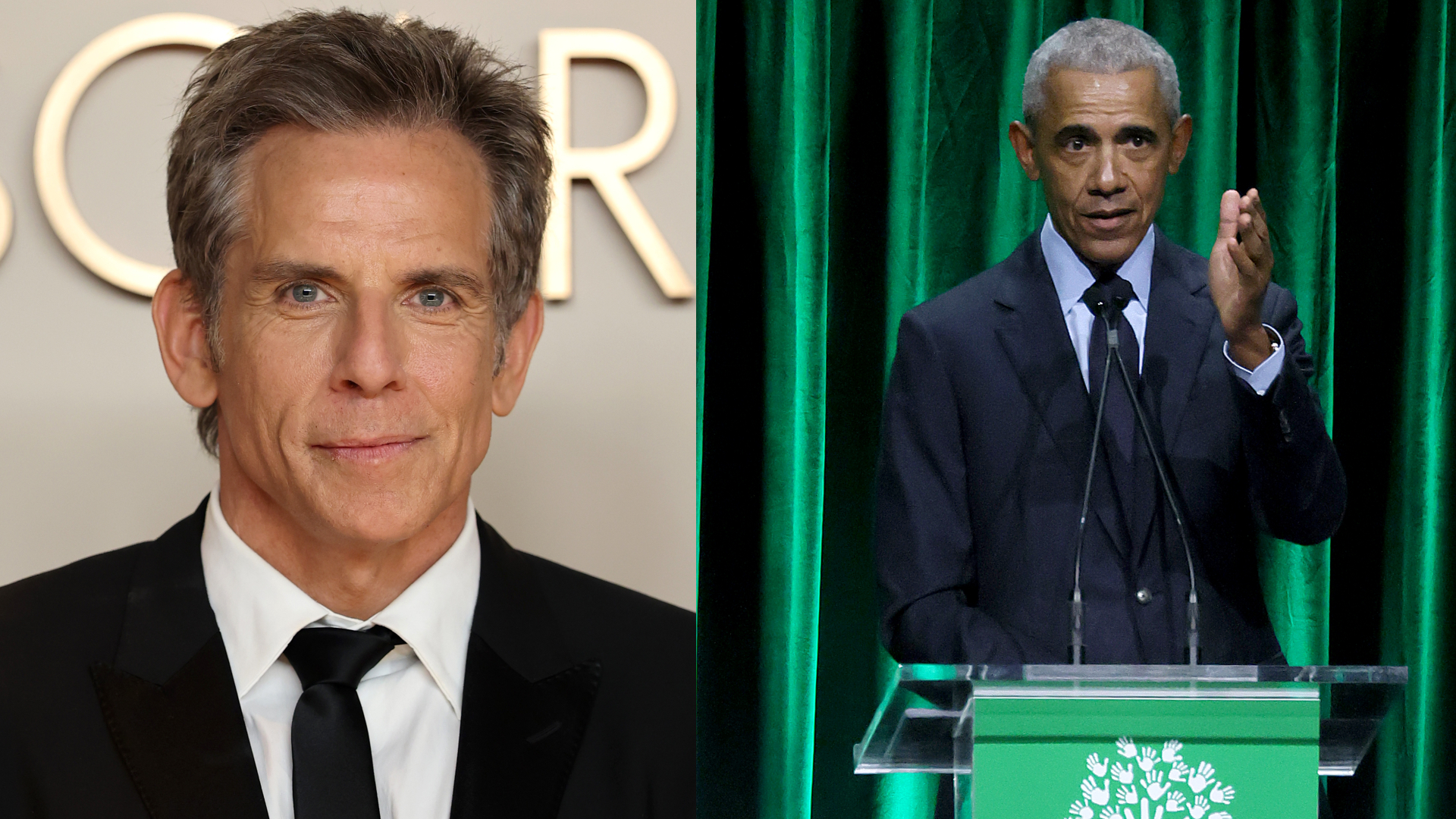 Ben Stiller in a suit on the left; Barack Obama speaking at a podium on the right, with a green curtain backdrop.