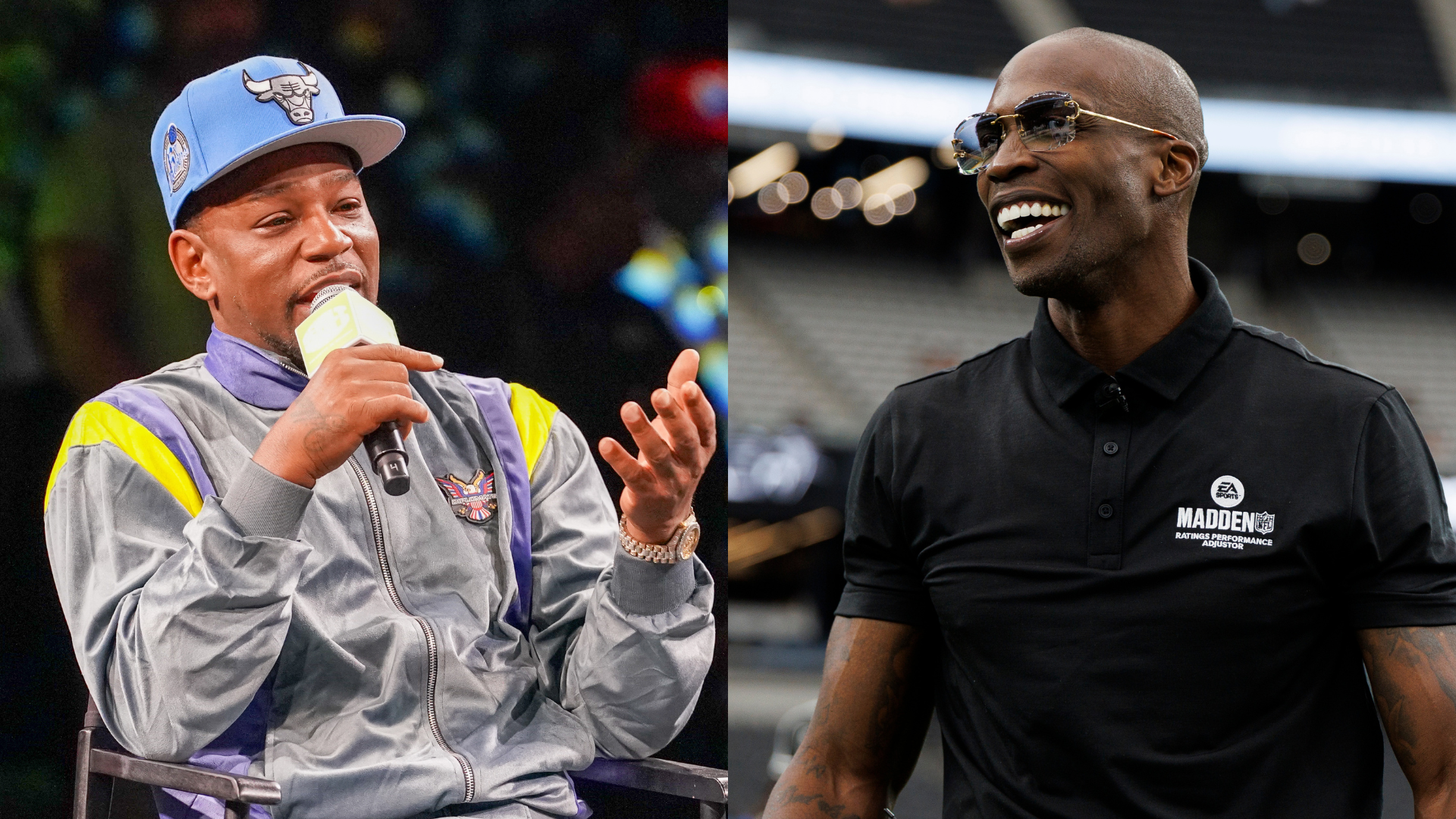 Cam'ron in a cap speaking into a microphone, and Chad Johnson smiling in a black polo shirt, both in different settings.