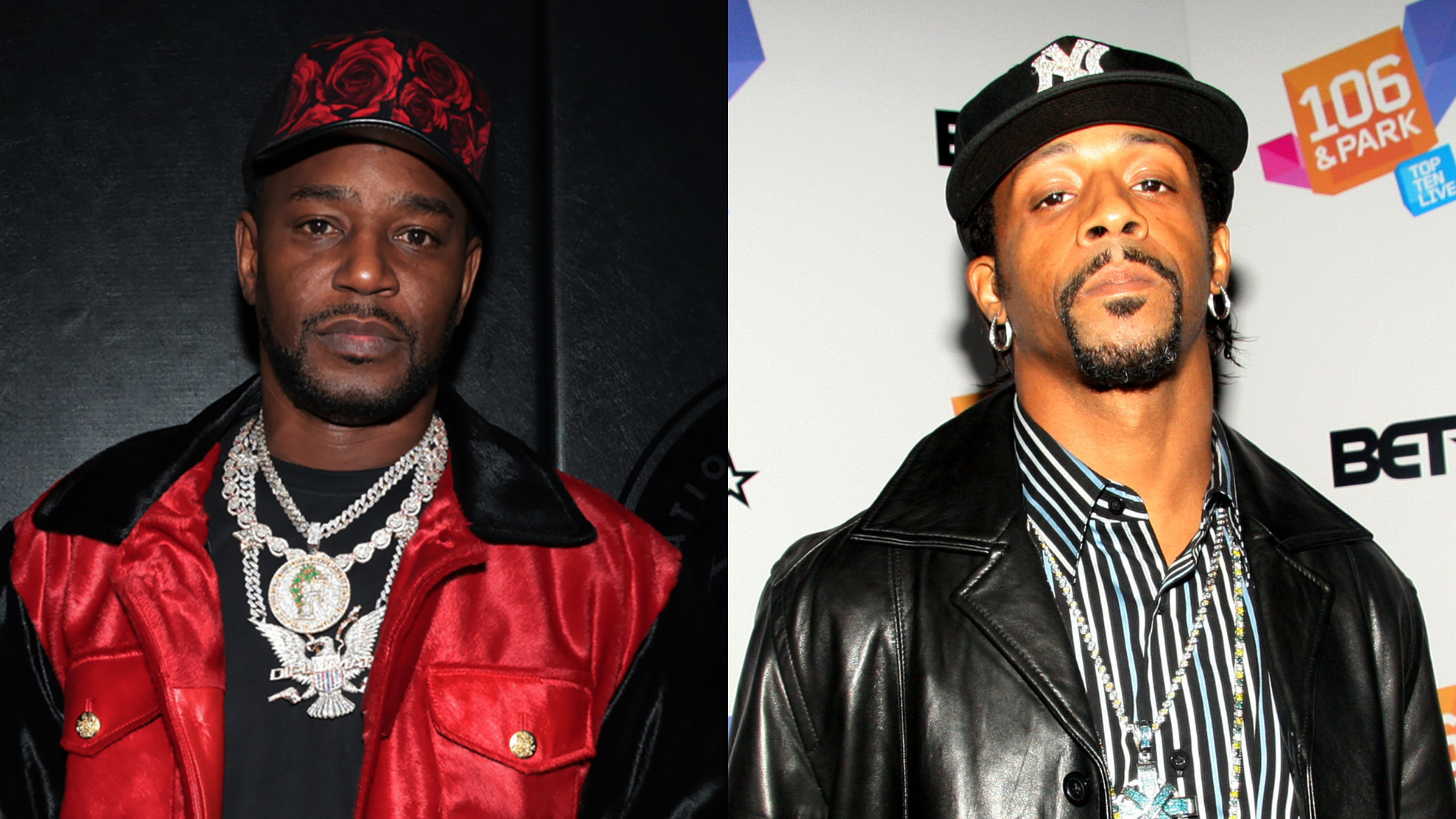 Cam'ron in a red jacket and cap, and Katt Williams in a leather jacket and hat, both posing at separate events.