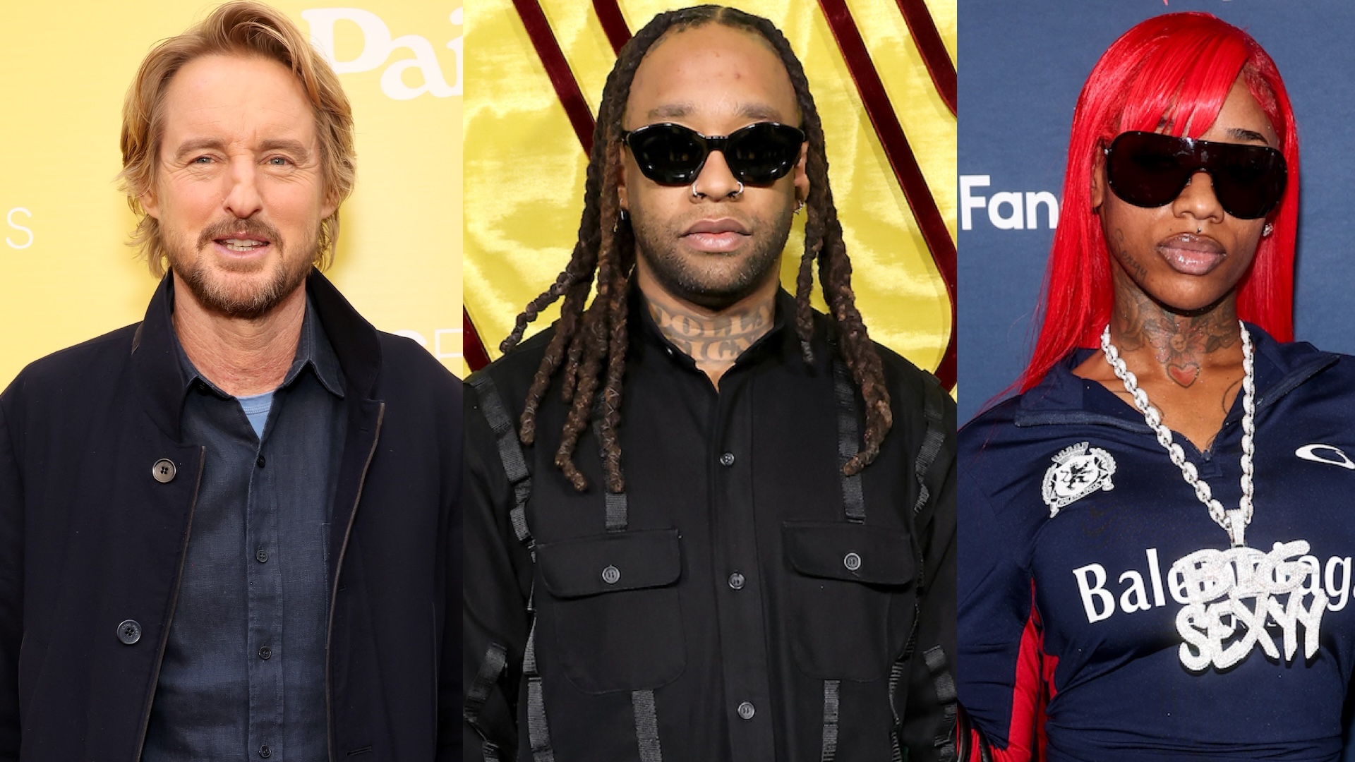 Owen Wilson, Ty Dolla Sign, and Sexyy Red are pictured together. Wilson is smiling, Ty Dolla Sign wears sunglasses, and Sexyy Red has red hair.