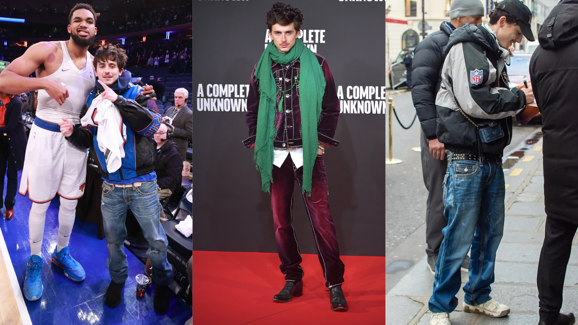 Three images of Timothée Chalamet: with a basketball player, on a red carpet, and dressed casually on the street.