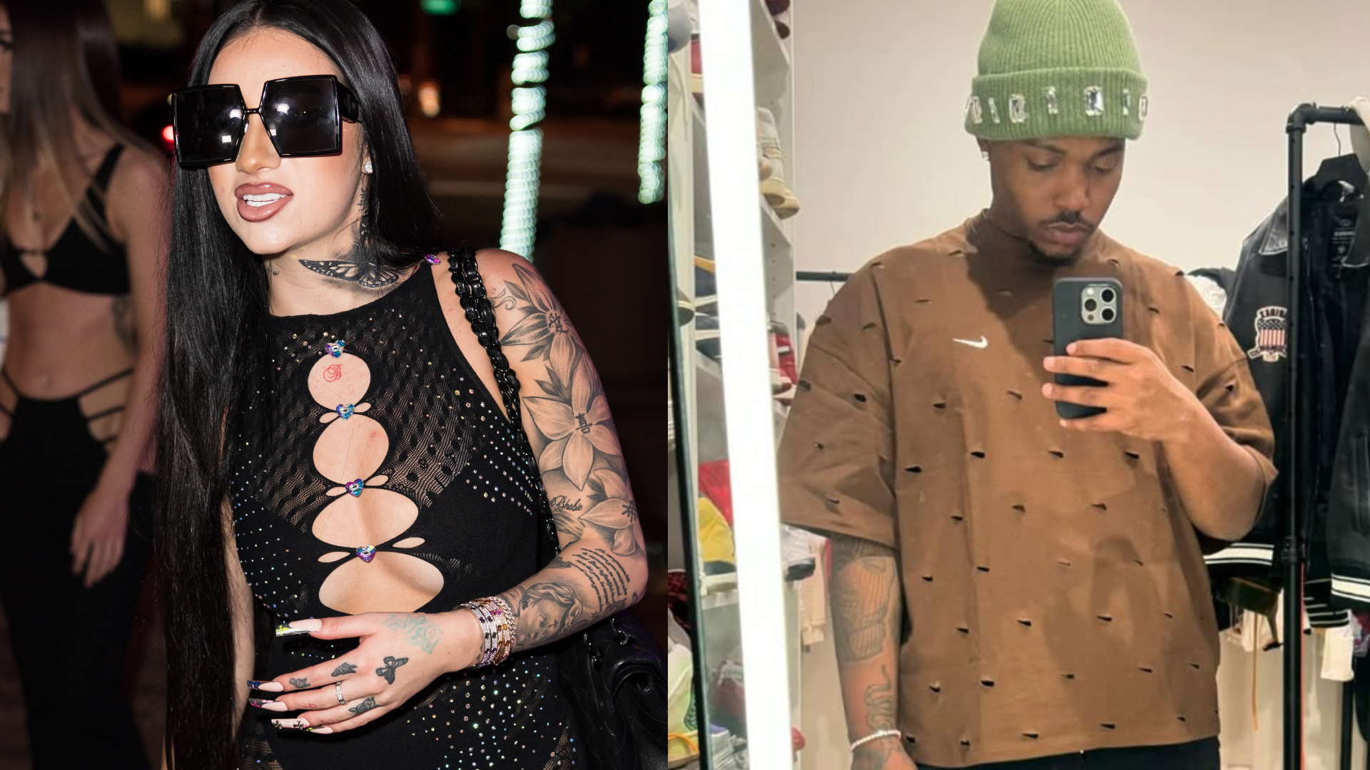 Two people are in the image. On the left, a woman with long black hair, tattoos, and large sunglasses. On the right, a man taking a mirror selfie, wearing a green beanie and brown shirt.