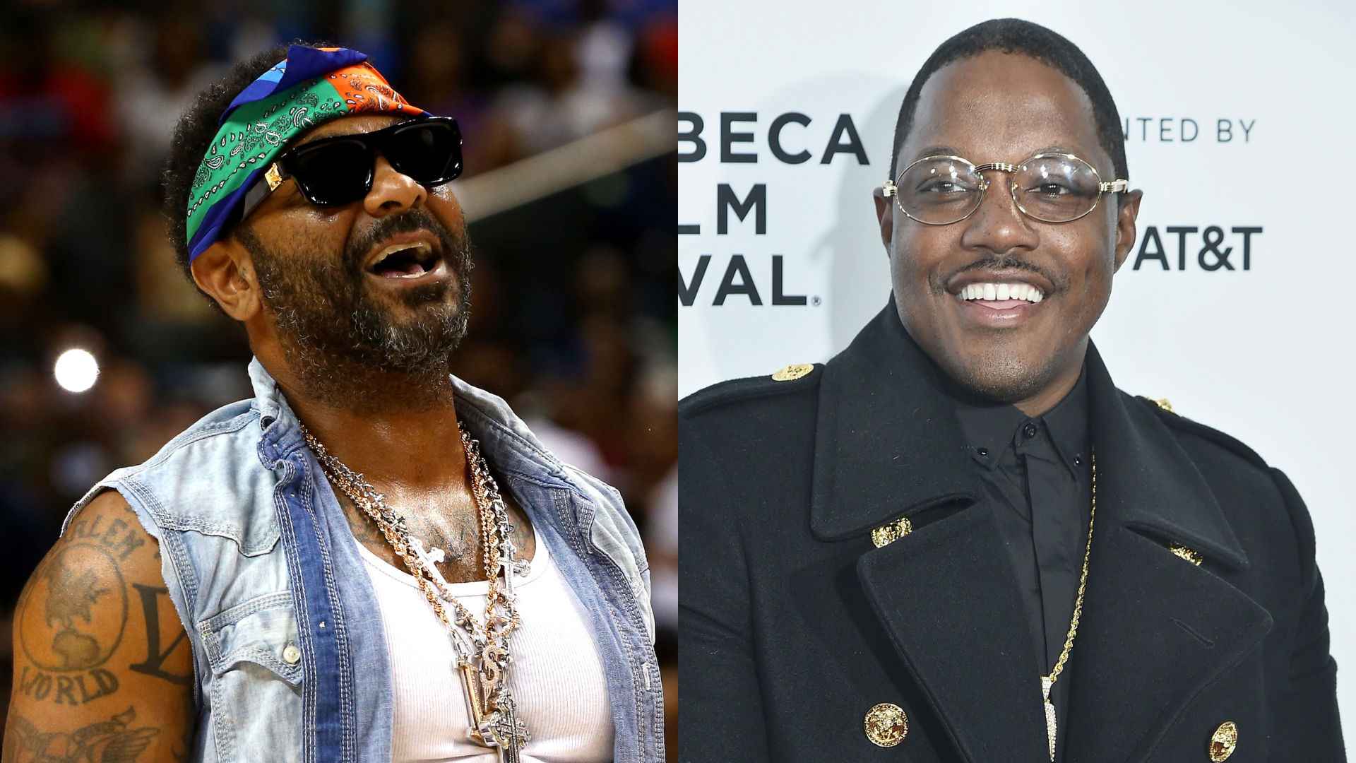 Jim Jones wearing sunglasses and a bandana, and Ma$e in a black coat at an event.