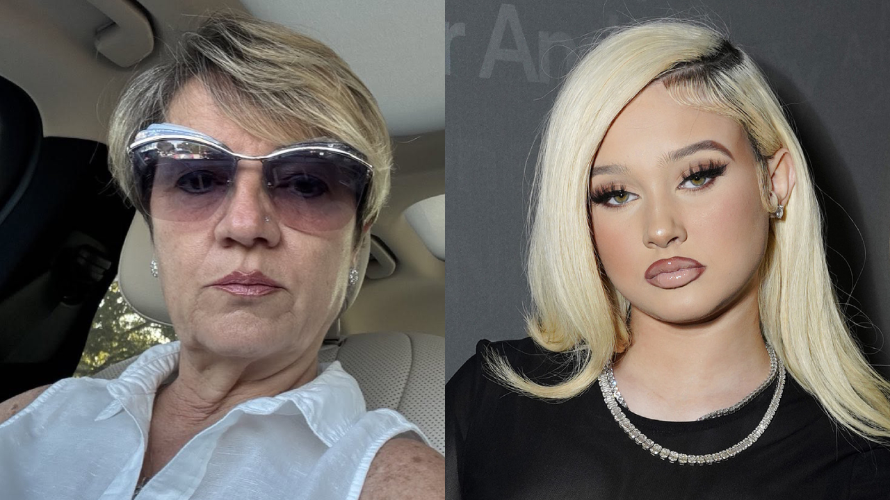 Bhad Bhabie's mother Barbara Bregoli with short hair and sunglasses in a car, next to Alabama Barker with long blonde hair and a black top, wearing a necklace.