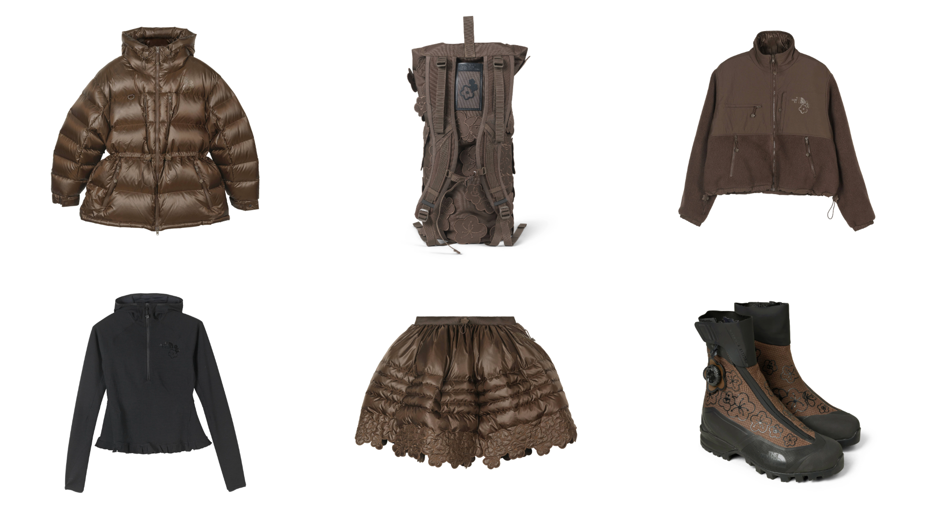 A collection of brown and black clothing items: a puffer jacket, backpack, cropped jacket, hoodie, puffer skirt, and boots.
