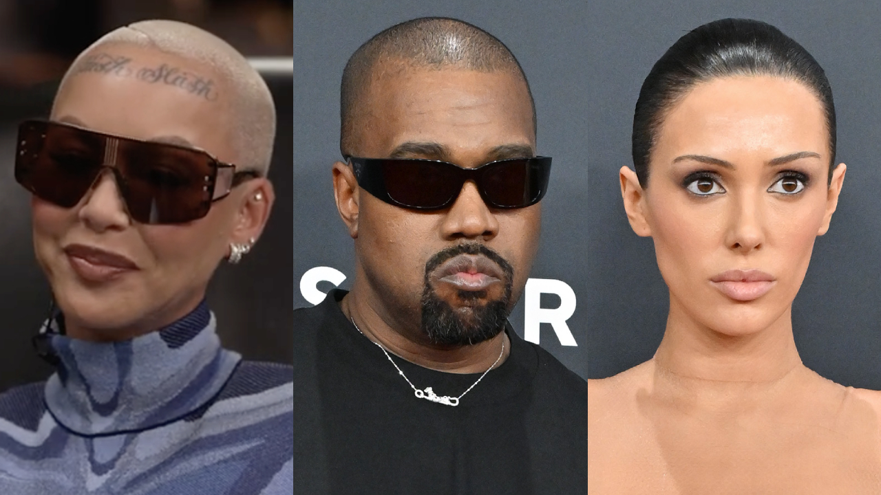 Amber Rose with shaved head and tattoo, Kanye West wearing sunglasses, and Bianca Censori with sleek hair.