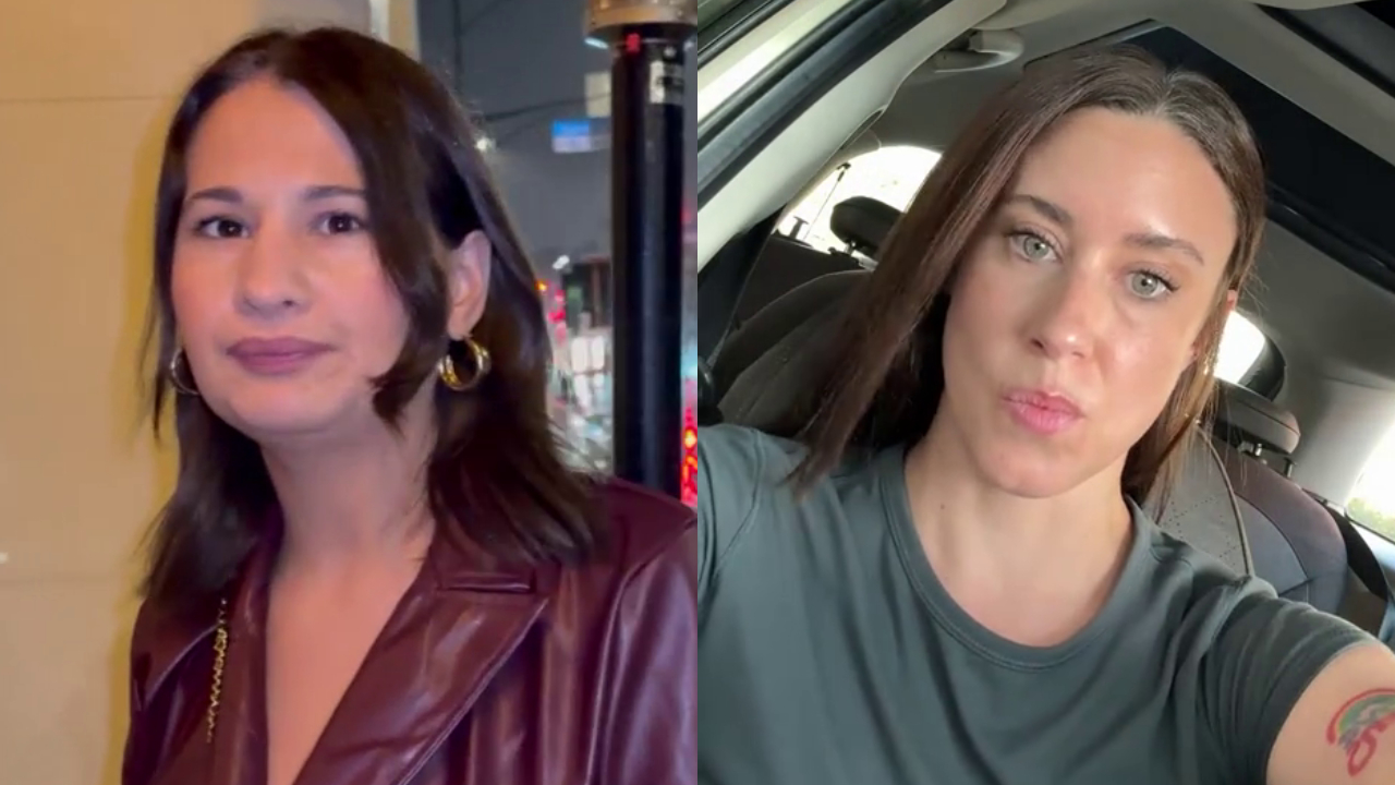 Two women in side-by-side images. The left woman wears a leather jacket and gold earrings. The right woman is in a car, wearing a green shirt.